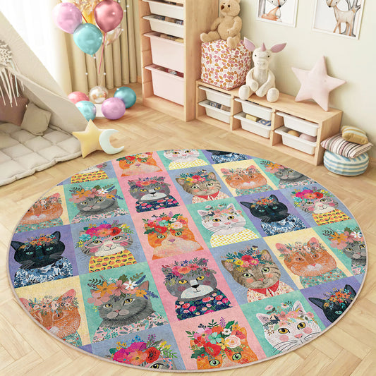 Lovely Cats and Pets Design Washable Anti-Slip Kids Round Rug Multifunction as Non Slip Play Mat - Perfect for Bedrooms, Playrooms & Nurseries - Durable, Safe, & Easy to Clean for Boys & Girls 323