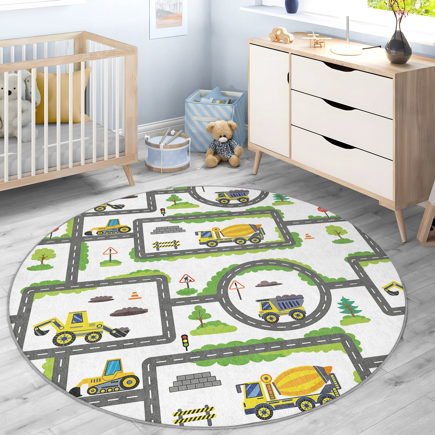 Construction Design for Boys Room Design Washable Anti-Slip Kids Round Rug Multifunction as Non Slip Play Mat - Perfect for Bedrooms, Playrooms & Nurseries - Durable, Safe, & Easy to Clean for Boys & Girls 324
