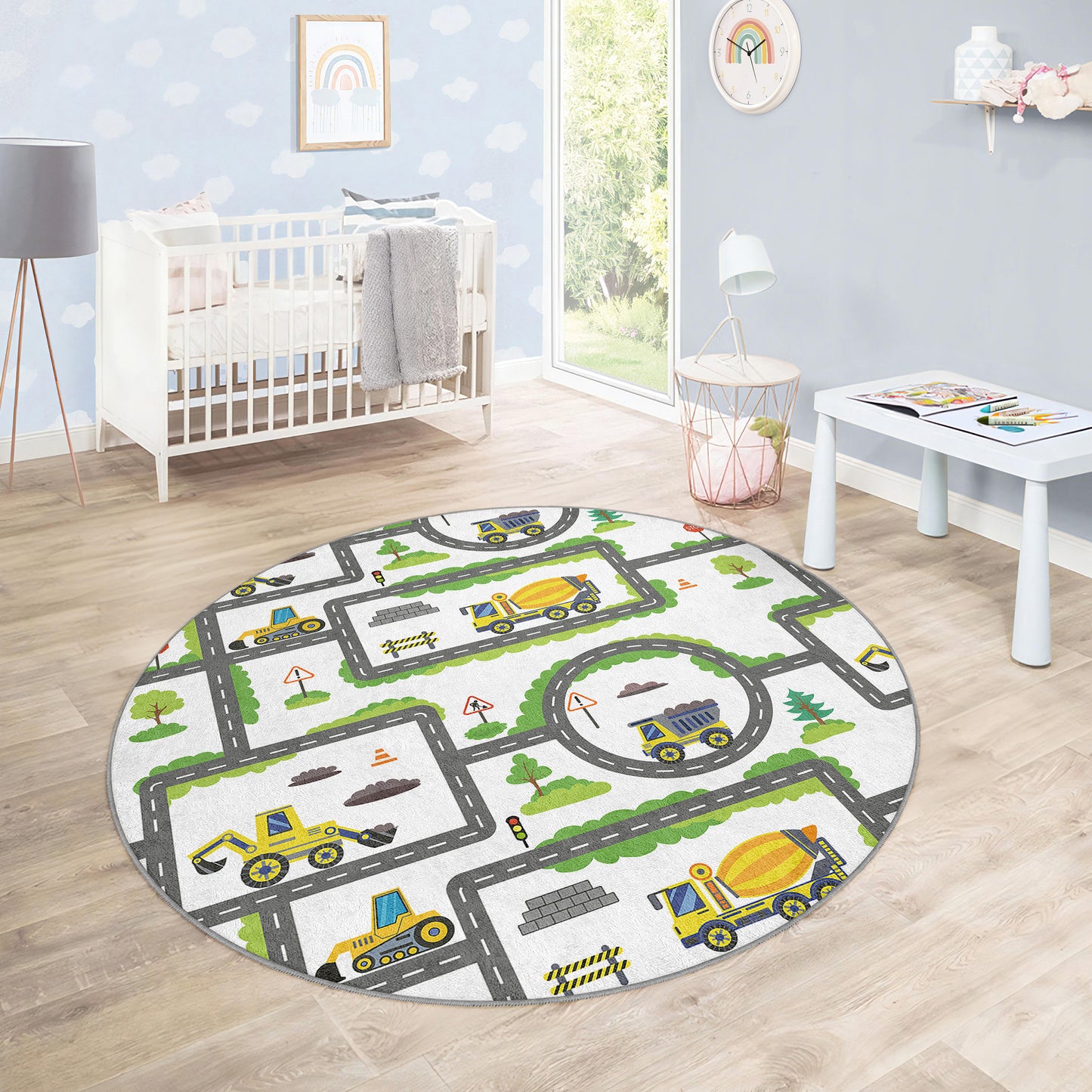 Construction Design for Boys Room Design Washable Anti-Slip Kids Round Rug Multifunction as Non Slip Play Mat - Perfect for Bedrooms, Playrooms & Nurseries - Durable, Safe, & Easy to Clean for Boys & Girls 324