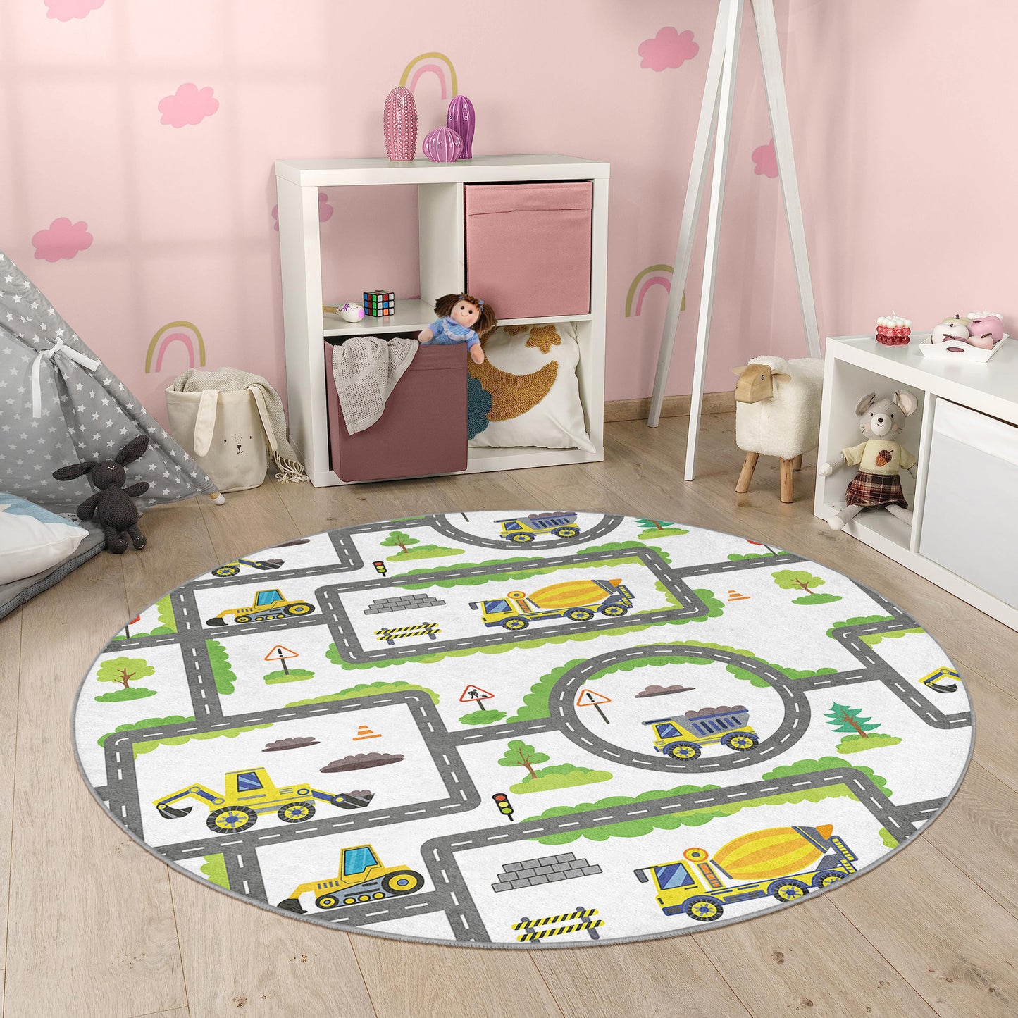 Construction Design for Boys Room Design Washable Anti-Slip Kids Round Rug Multifunction as Non Slip Play Mat - Perfect for Bedrooms, Playrooms & Nurseries - Durable, Safe, & Easy to Clean for Boys & Girls 324