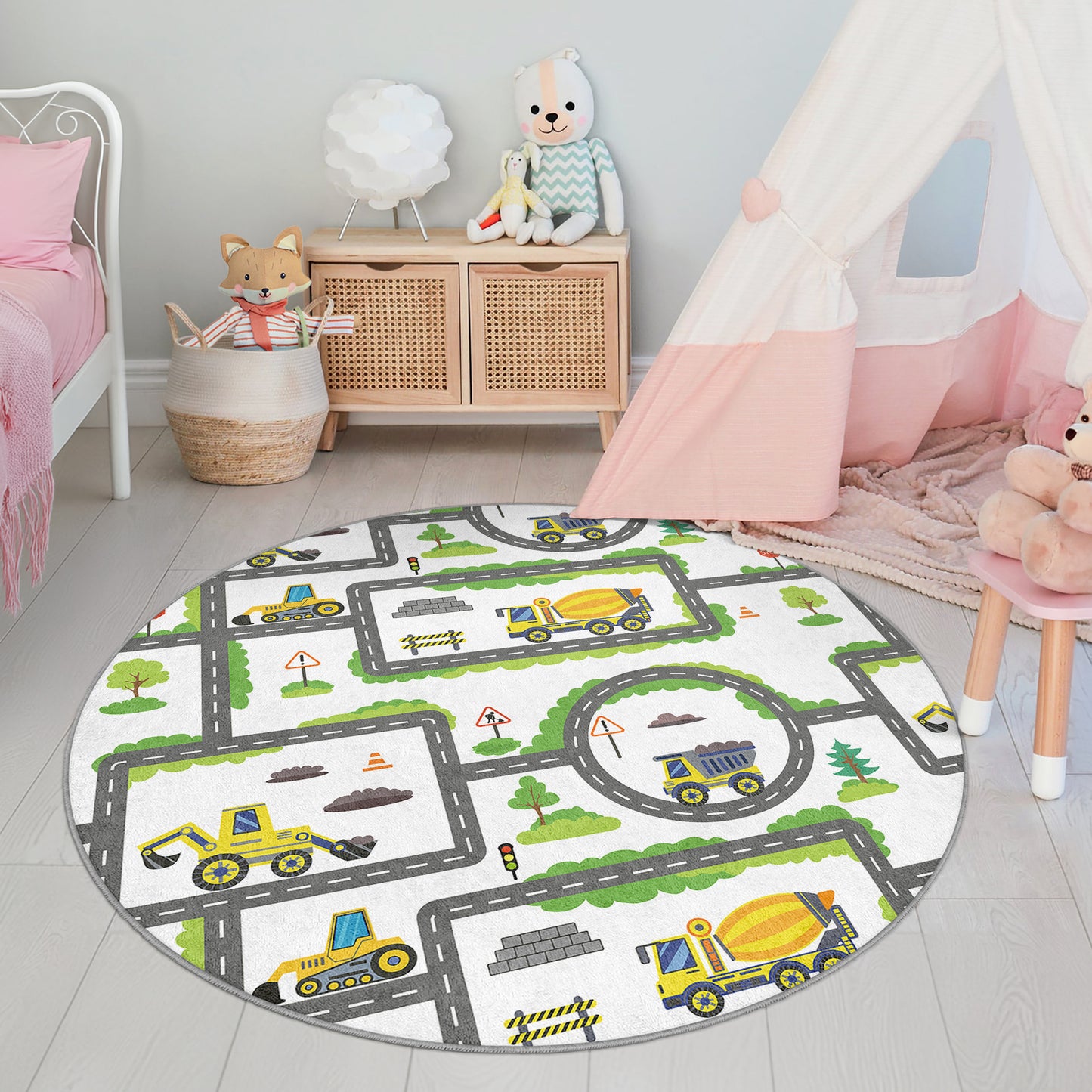 Construction Design for Boys Room Design Washable Anti-Slip Kids Round Rug Multifunction as Non Slip Play Mat - Perfect for Bedrooms, Playrooms & Nurseries - Durable, Safe, & Easy to Clean for Boys & Girls 324