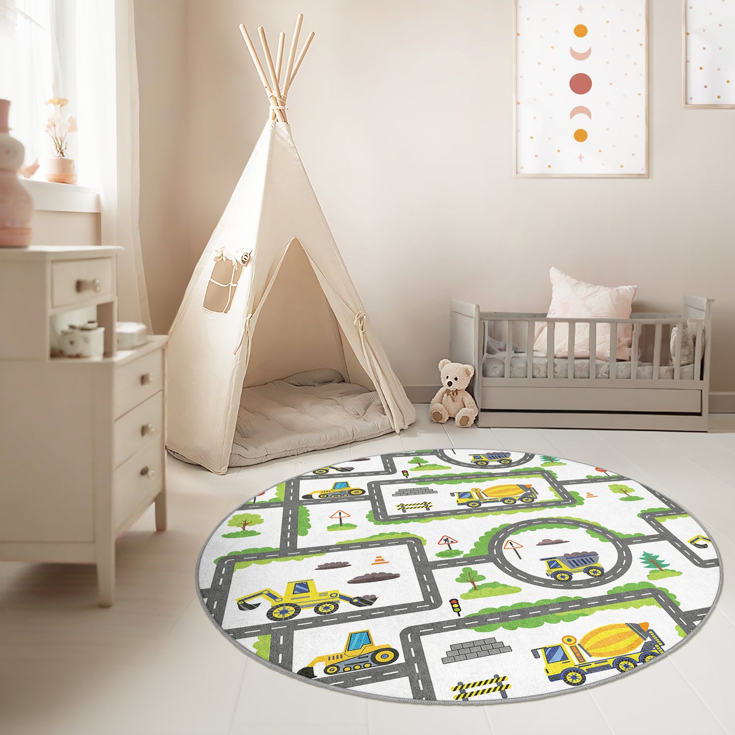 Construction Design for Boys Room Design Washable Anti-Slip Kids Round Rug Multifunction as Non Slip Play Mat - Perfect for Bedrooms, Playrooms & Nurseries - Durable, Safe, & Easy to Clean for Boys & Girls 324