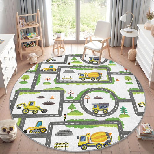 Construction Design for Boys Room Design Washable Anti-Slip Kids Round Rug Multifunction as Non Slip Play Mat - Perfect for Bedrooms, Playrooms & Nurseries - Durable, Safe, & Easy to Clean for Boys & Girls 324