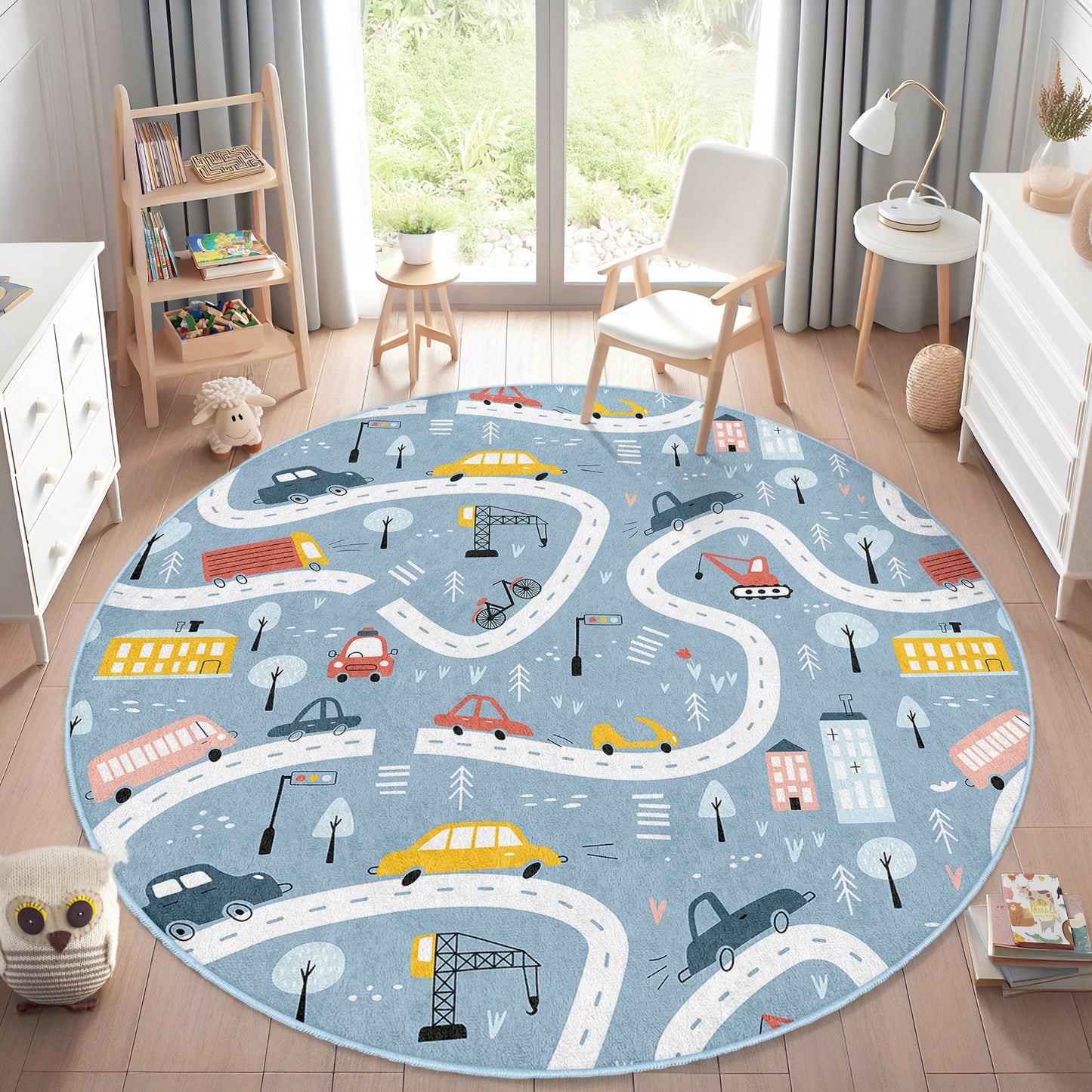 Roads with Colorful Cars for Boy Room Design Washable Anti-Slip Kids Round Rug Multifunction as Non Slip Play Mat - Perfect for Bedrooms, Playrooms & Nurseries - Durable, Safe, & Easy to Clean for Boys & Girls 325
