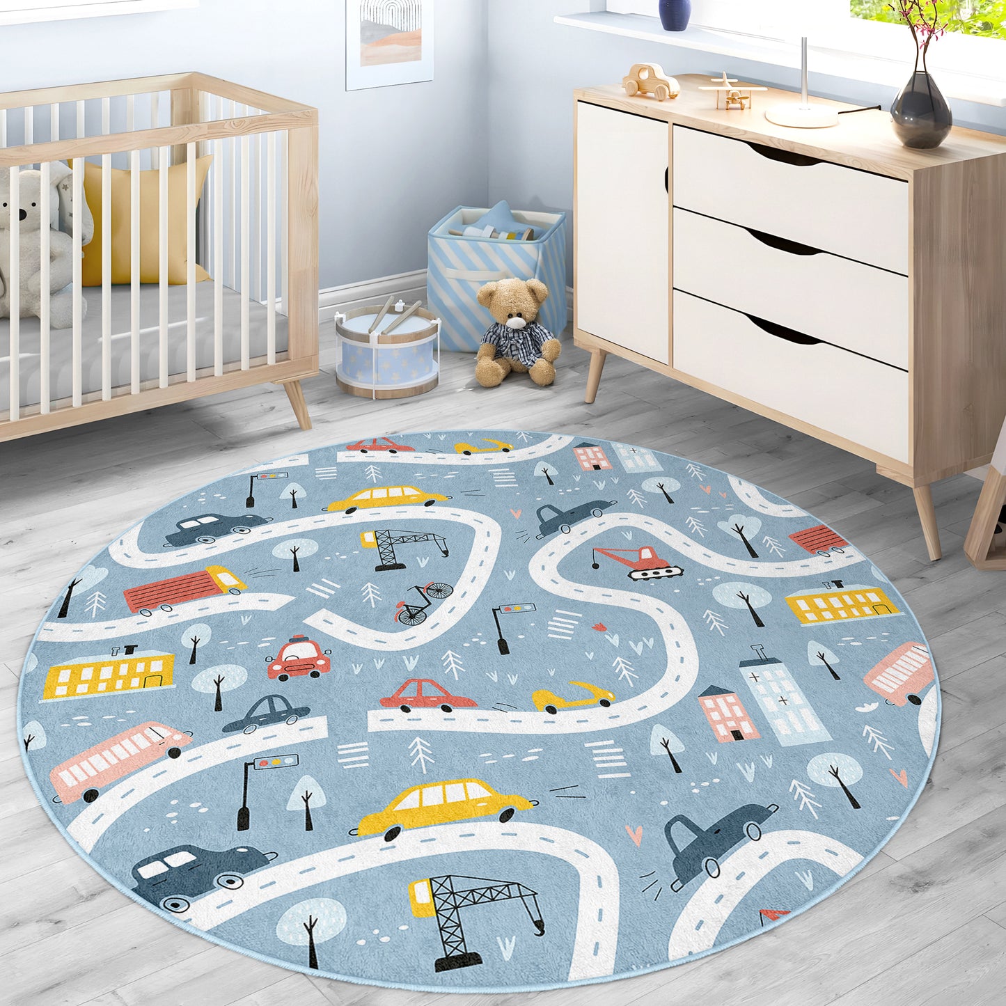 Roads with Colorful Cars for Boy Room Design Washable Anti-Slip Kids Round Rug Multifunction as Non Slip Play Mat - Perfect for Bedrooms, Playrooms & Nurseries - Durable, Safe, & Easy to Clean for Boys & Girls 325