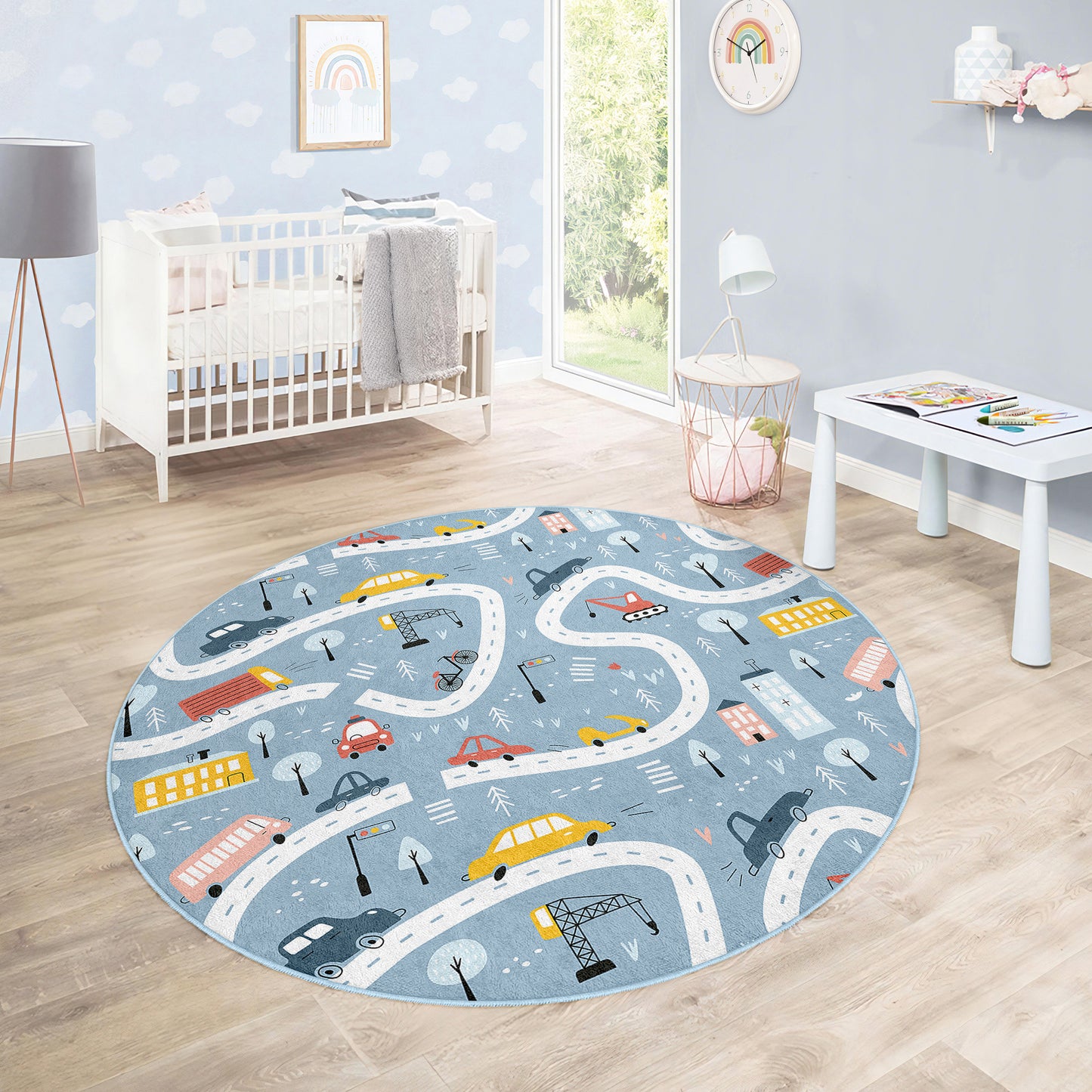 Roads with Colorful Cars for Boy Room Design Washable Anti-Slip Kids Round Rug Multifunction as Non Slip Play Mat - Perfect for Bedrooms, Playrooms & Nurseries - Durable, Safe, & Easy to Clean for Boys & Girls 325
