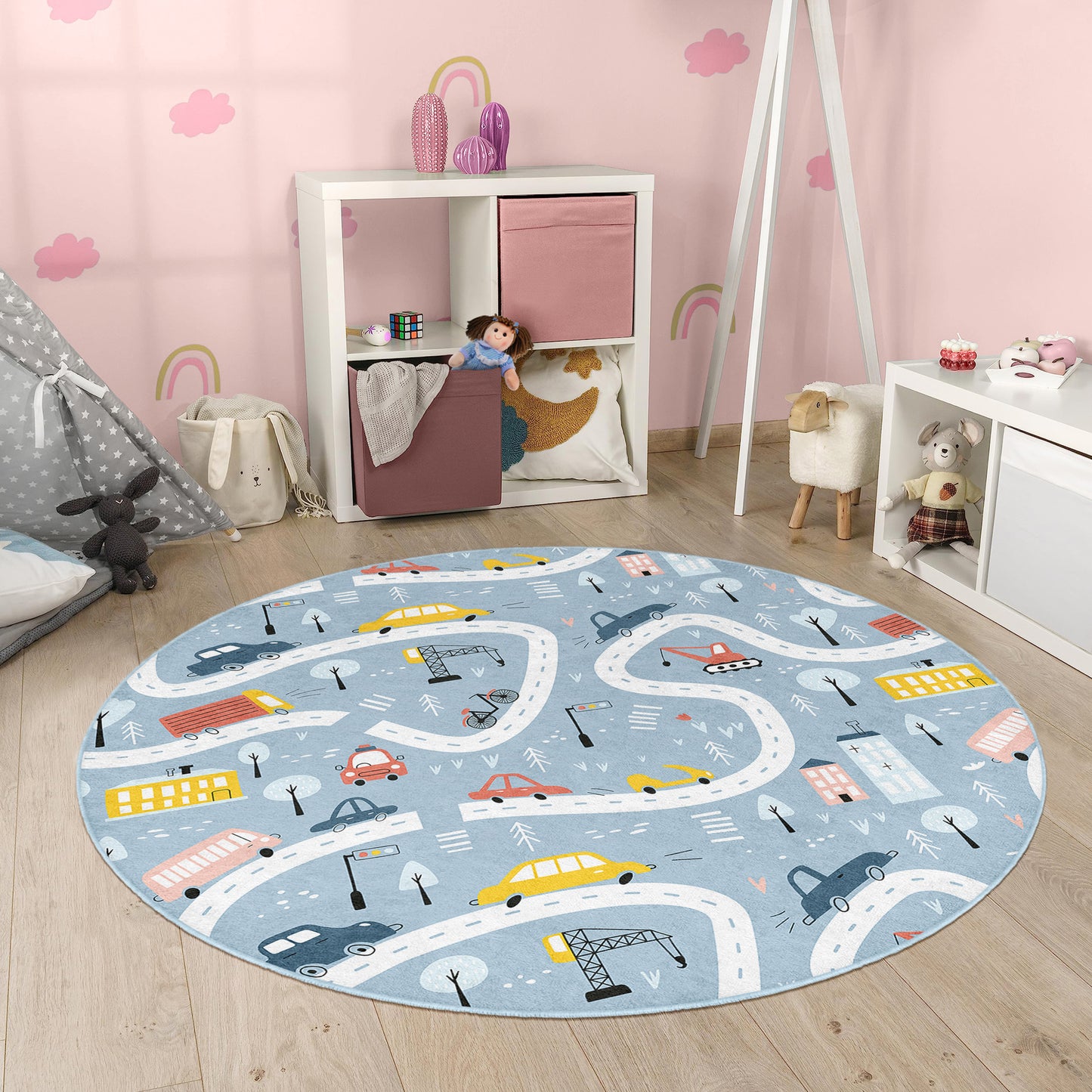 Roads with Colorful Cars for Boy Room Design Washable Anti-Slip Kids Round Rug Multifunction as Non Slip Play Mat - Perfect for Bedrooms, Playrooms & Nurseries - Durable, Safe, & Easy to Clean for Boys & Girls 325