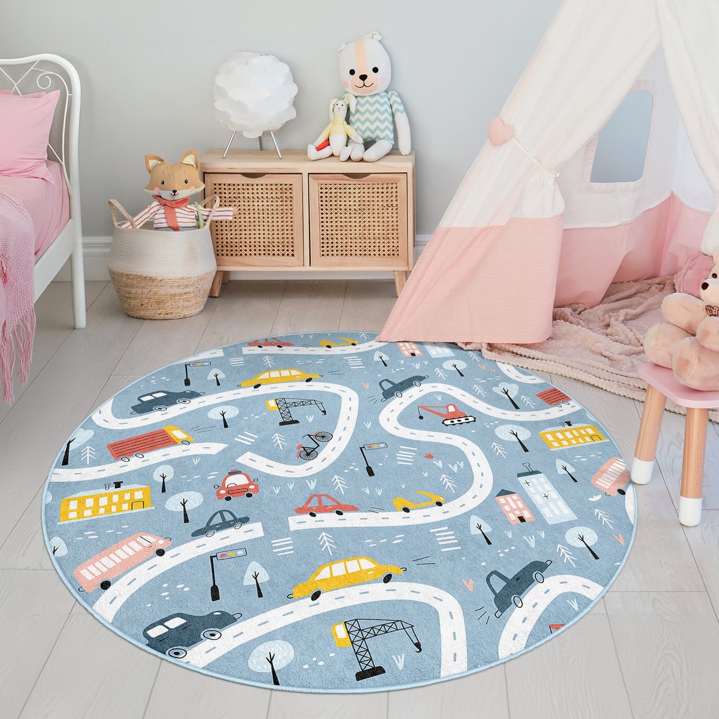 Roads with Colorful Cars for Boy Room Design Washable Anti-Slip Kids Round Rug Multifunction as Non Slip Play Mat - Perfect for Bedrooms, Playrooms & Nurseries - Durable, Safe, & Easy to Clean for Boys & Girls 325