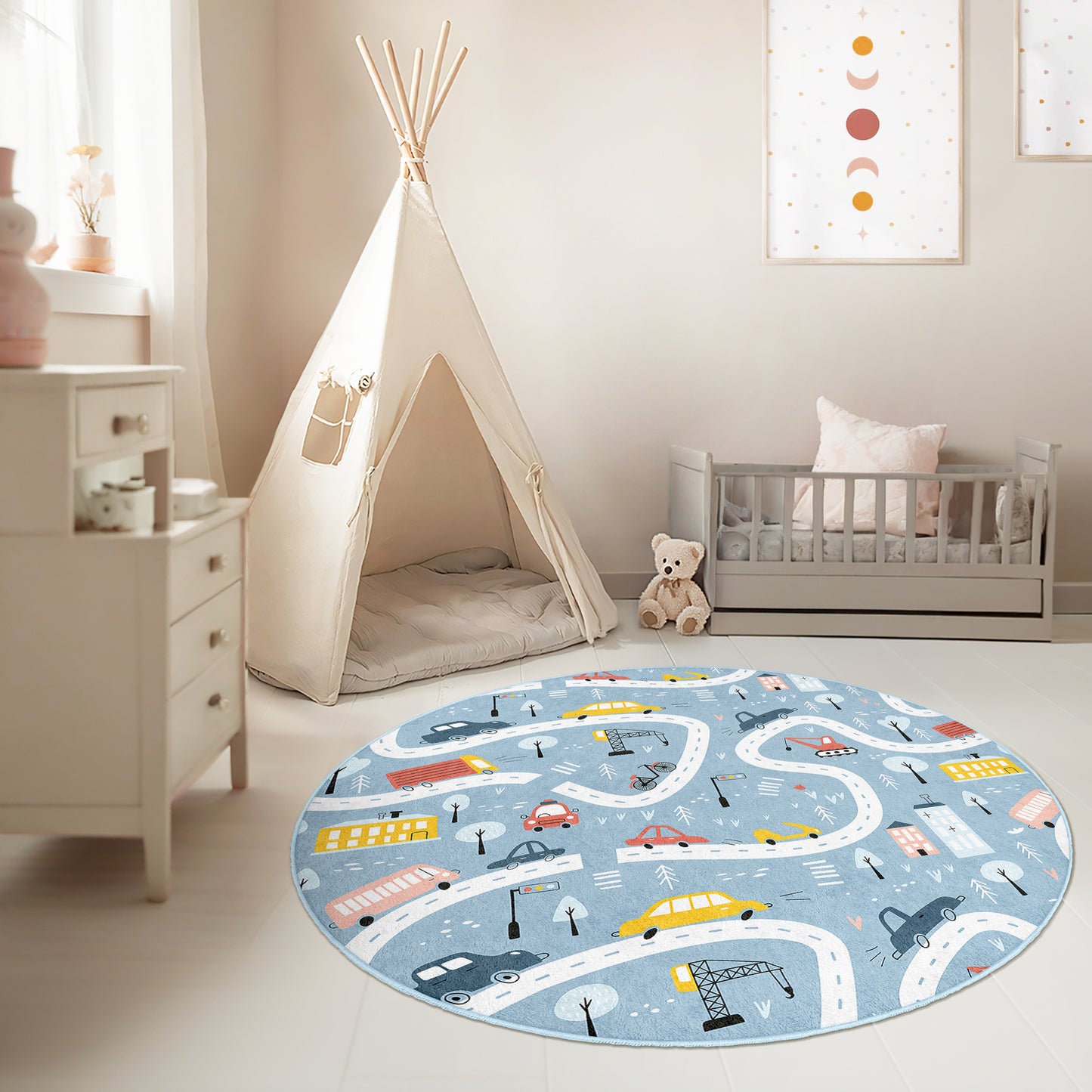 Roads with Colorful Cars for Boy Room Design Washable Anti-Slip Kids Round Rug Multifunction as Non Slip Play Mat - Perfect for Bedrooms, Playrooms & Nurseries - Durable, Safe, & Easy to Clean for Boys & Girls 325