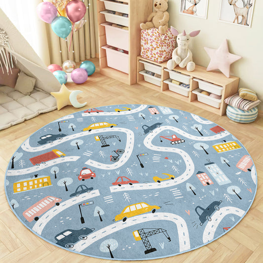 Roads with Colorful Cars for Boy Room Design Washable Anti-Slip Kids Round Rug Multifunction as Non Slip Play Mat - Perfect for Bedrooms, Playrooms & Nurseries - Durable, Safe, & Easy to Clean for Boys & Girls 325