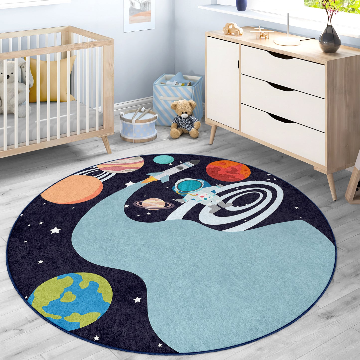 Galaxy Milky Way Journey with astronaut for Boy Room Design Washable Anti-Slip Kids Round Rug Multifunction as Non Slip Play Mat - Perfect for Bedrooms, Playrooms & Nurseries - Durable, Safe, & Easy to Clean for Boys & Girls 326