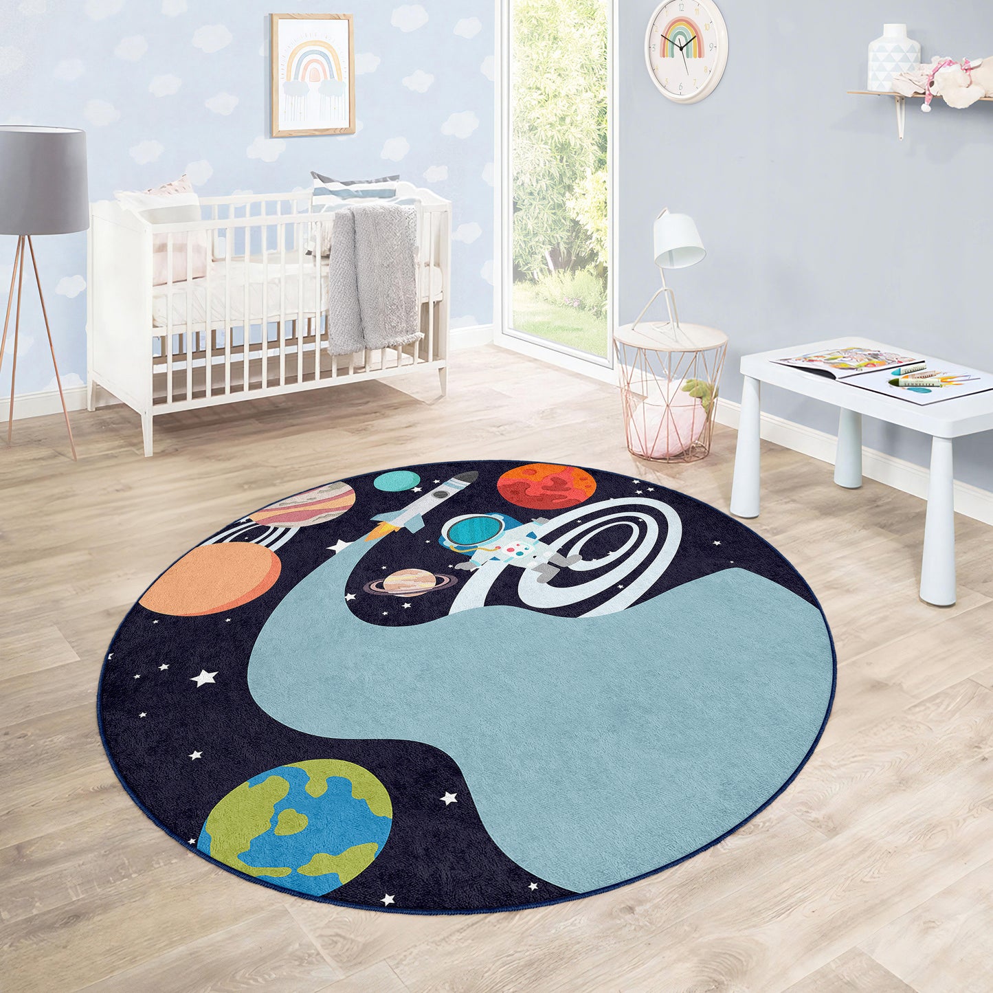 Galaxy Milky Way Journey with astronaut for Boy Room Design Washable Anti-Slip Kids Round Rug Multifunction as Non Slip Play Mat - Perfect for Bedrooms, Playrooms & Nurseries - Durable, Safe, & Easy to Clean for Boys & Girls 326