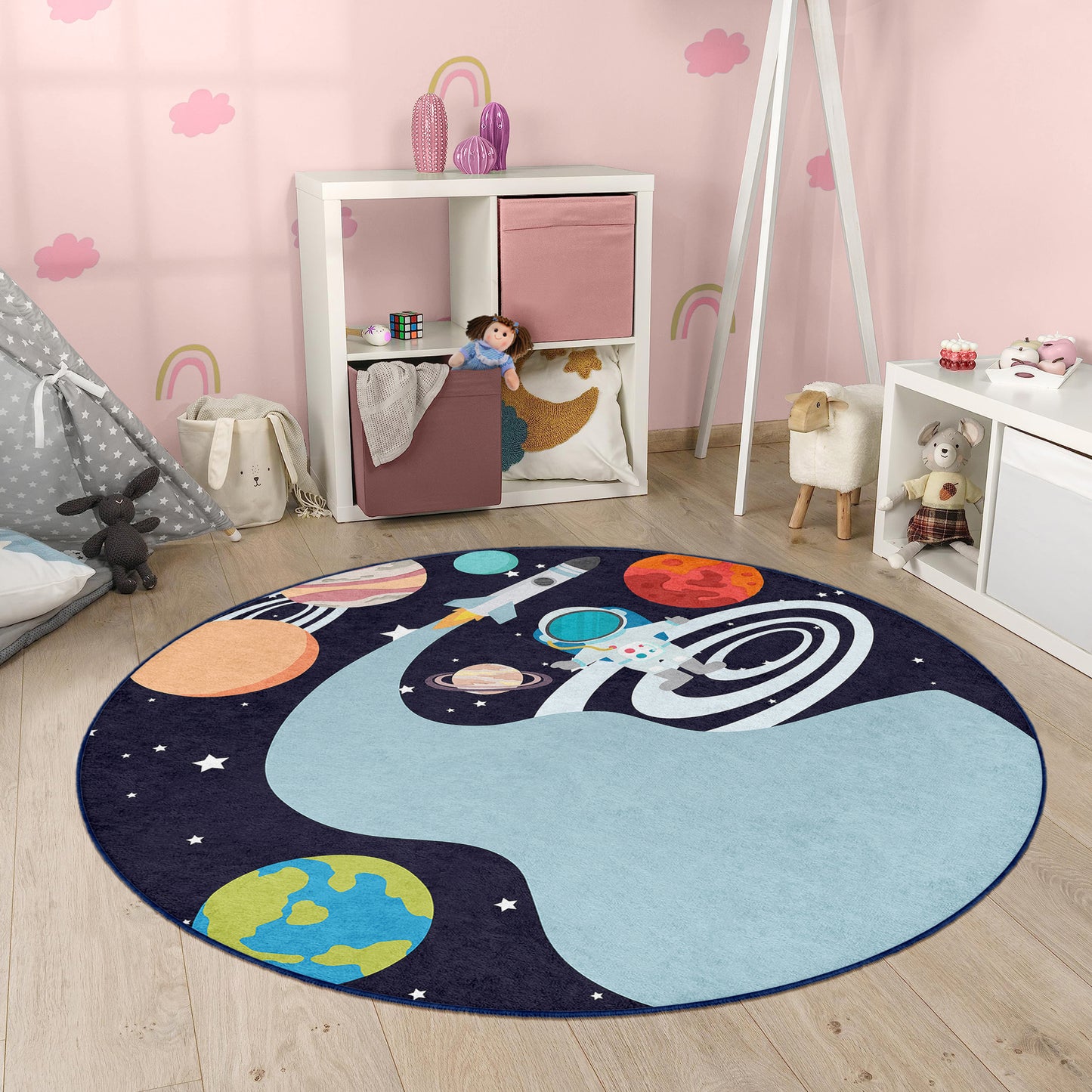 Galaxy Milky Way Journey with astronaut for Boy Room Design Washable Anti-Slip Kids Round Rug Multifunction as Non Slip Play Mat - Perfect for Bedrooms, Playrooms & Nurseries - Durable, Safe, & Easy to Clean for Boys & Girls 326