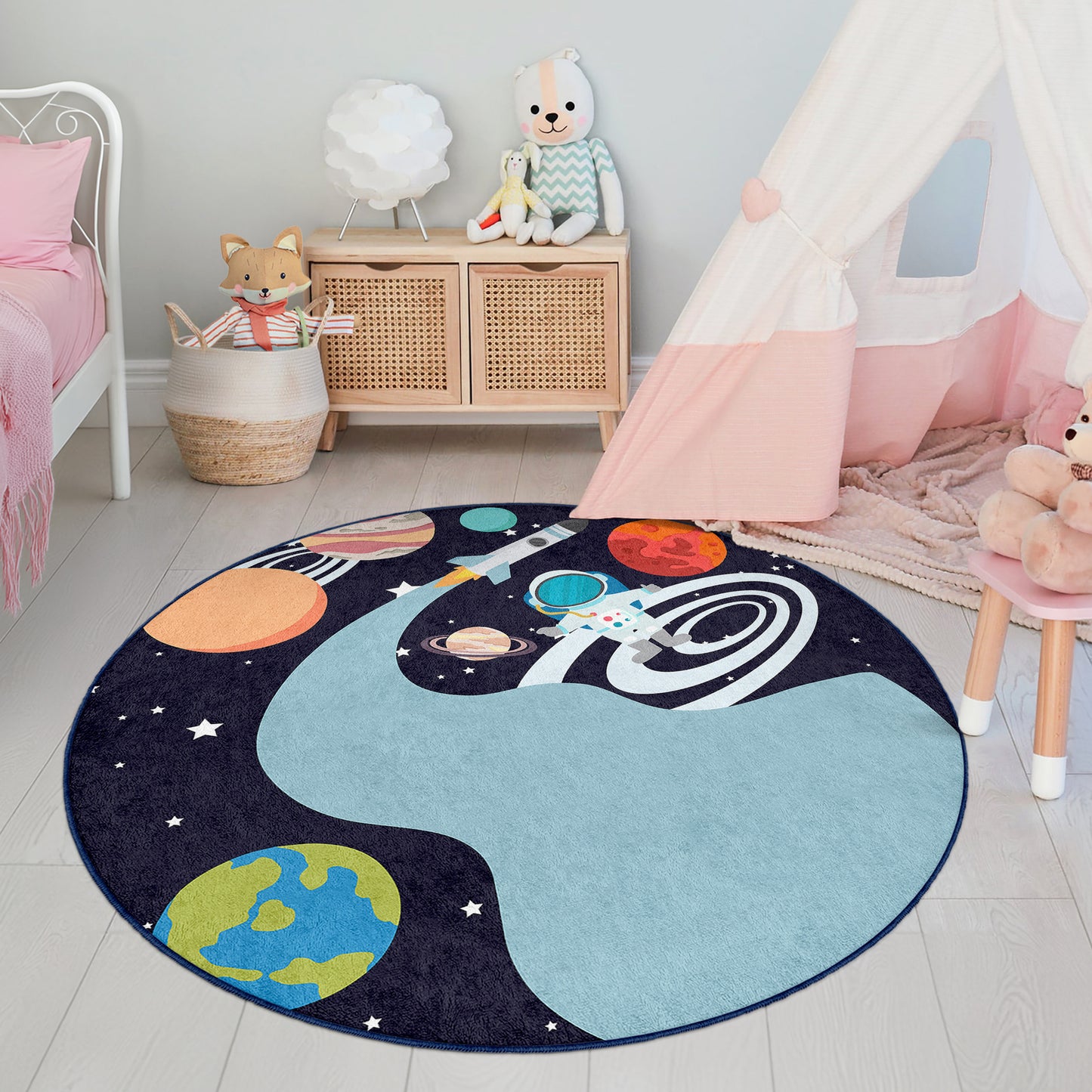 Galaxy Milky Way Journey with astronaut for Boy Room Design Washable Anti-Slip Kids Round Rug Multifunction as Non Slip Play Mat - Perfect for Bedrooms, Playrooms & Nurseries - Durable, Safe, & Easy to Clean for Boys & Girls 326