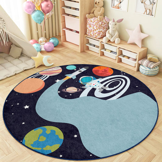 Galaxy Milky Way Journey with astronaut for Boy Room Design Washable Anti-Slip Kids Round Rug Multifunction as Non Slip Play Mat - Perfect for Bedrooms, Playrooms & Nurseries - Durable, Safe, & Easy to Clean for Boys & Girls 326