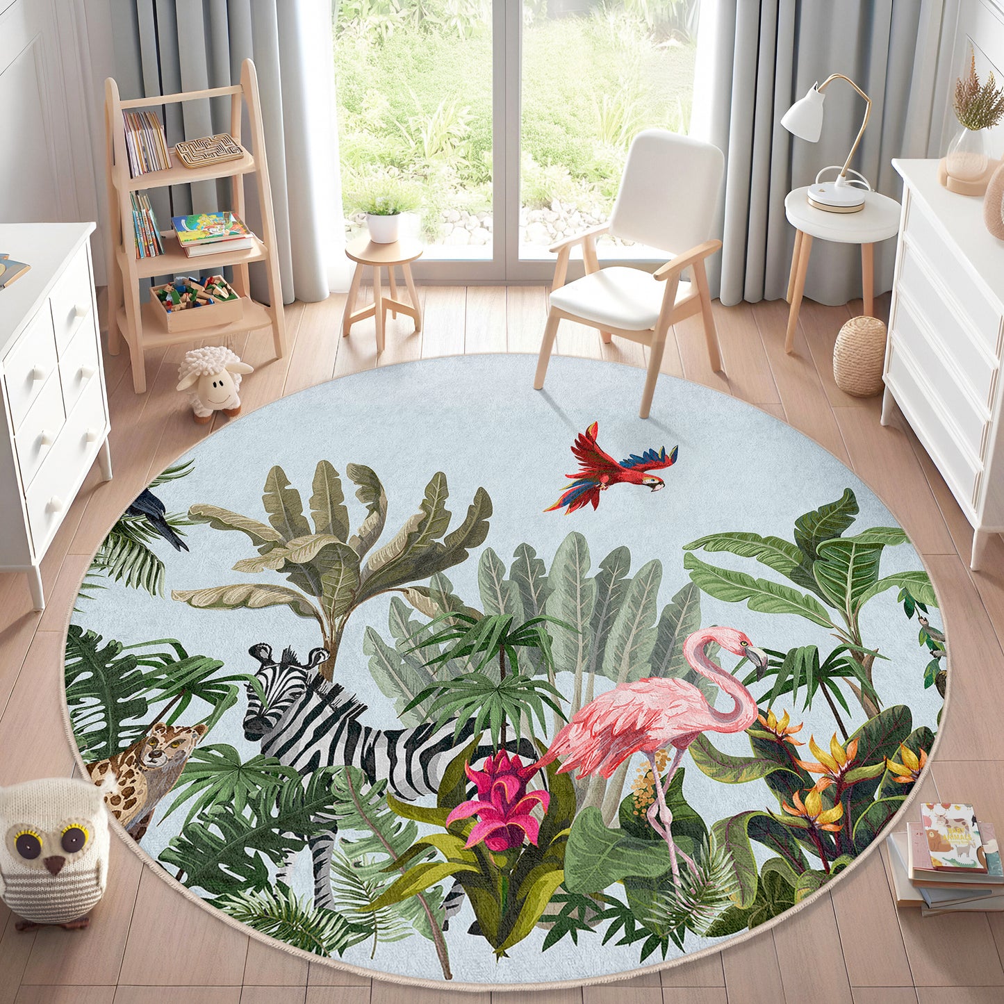Zebra Jungle Forest with Trees and Birds Design Washable Anti-Slip Kids Round Rug Multifunction as Non Slip Play Mat - Perfect for Bedrooms, Playrooms & Nurseries - Durable, Safe, & Easy to Clean for Boys & Girls 327