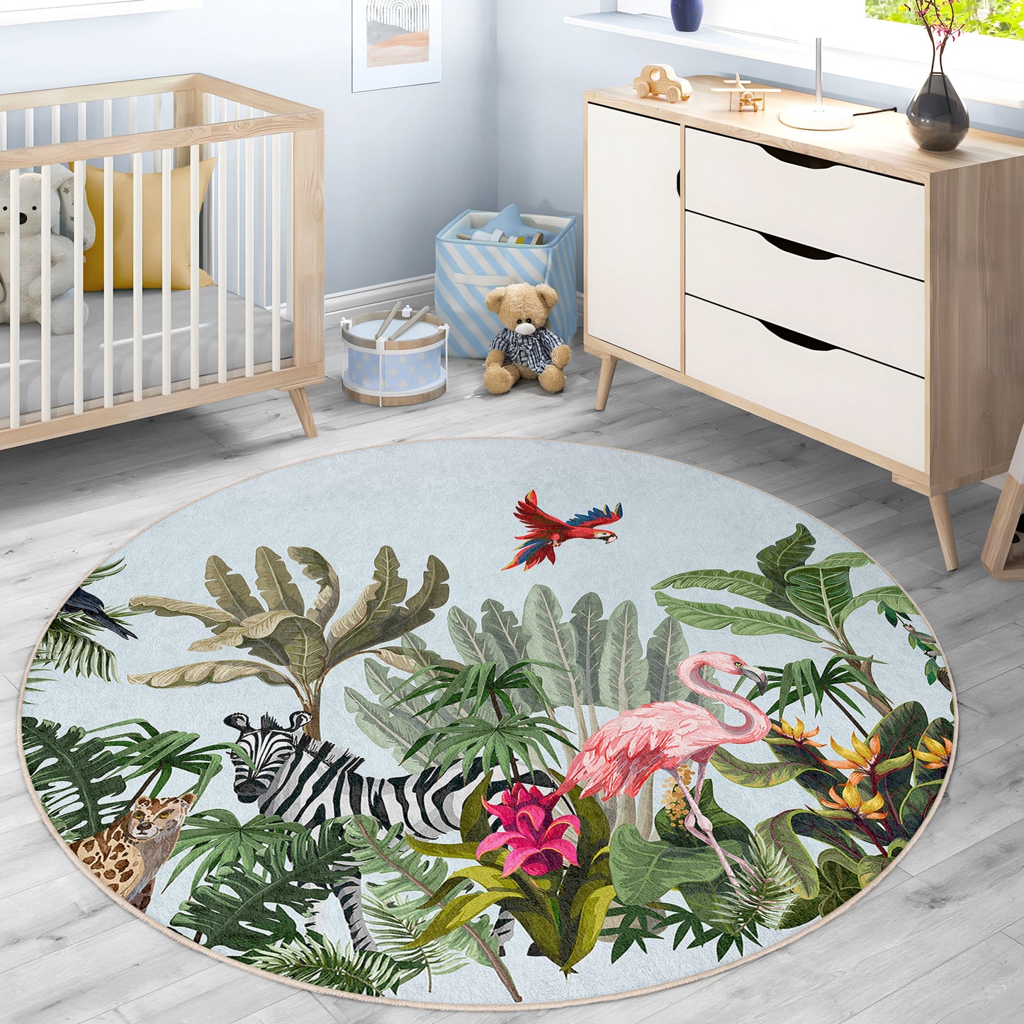 Zebra Jungle Forest with Trees and Birds Design Washable Anti-Slip Kids Round Rug Multifunction as Non Slip Play Mat - Perfect for Bedrooms, Playrooms & Nurseries - Durable, Safe, & Easy to Clean for Boys & Girls 327