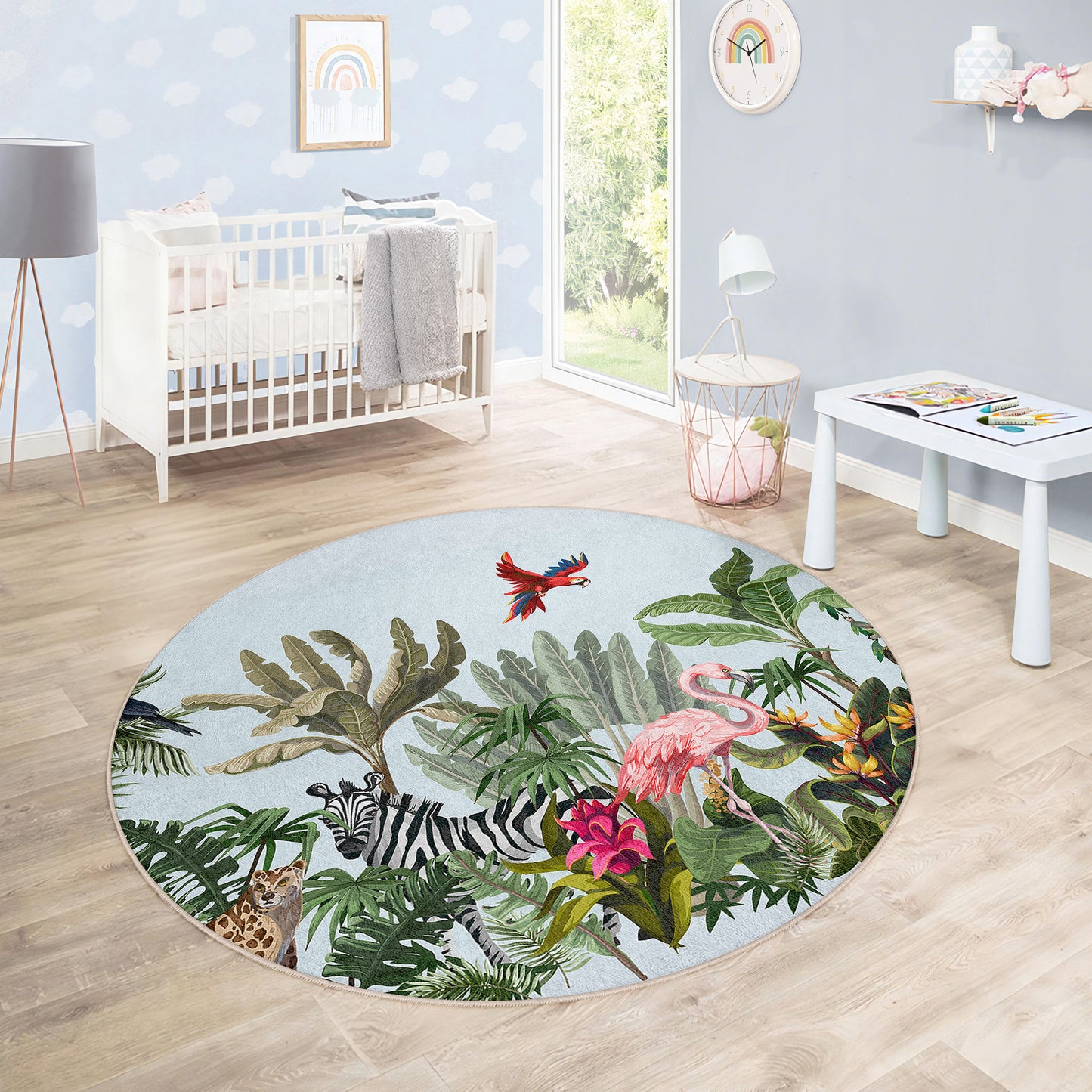Zebra Jungle Forest with Trees and Birds Design Washable Anti-Slip Kids Round Rug Multifunction as Non Slip Play Mat - Perfect for Bedrooms, Playrooms & Nurseries - Durable, Safe, & Easy to Clean for Boys & Girls 327