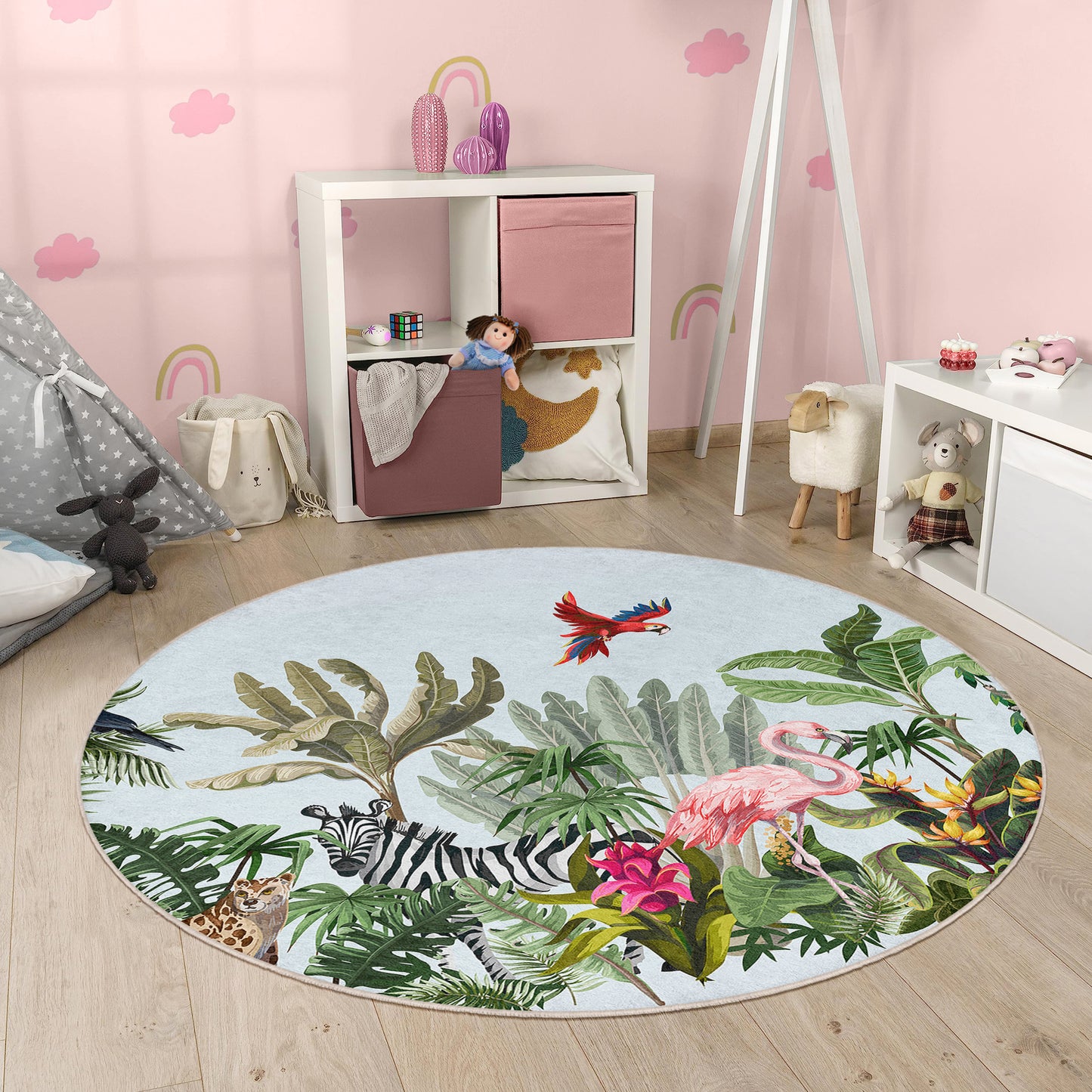 Zebra Jungle Forest with Trees and Birds Design Washable Anti-Slip Kids Round Rug Multifunction as Non Slip Play Mat - Perfect for Bedrooms, Playrooms & Nurseries - Durable, Safe, & Easy to Clean for Boys & Girls 327