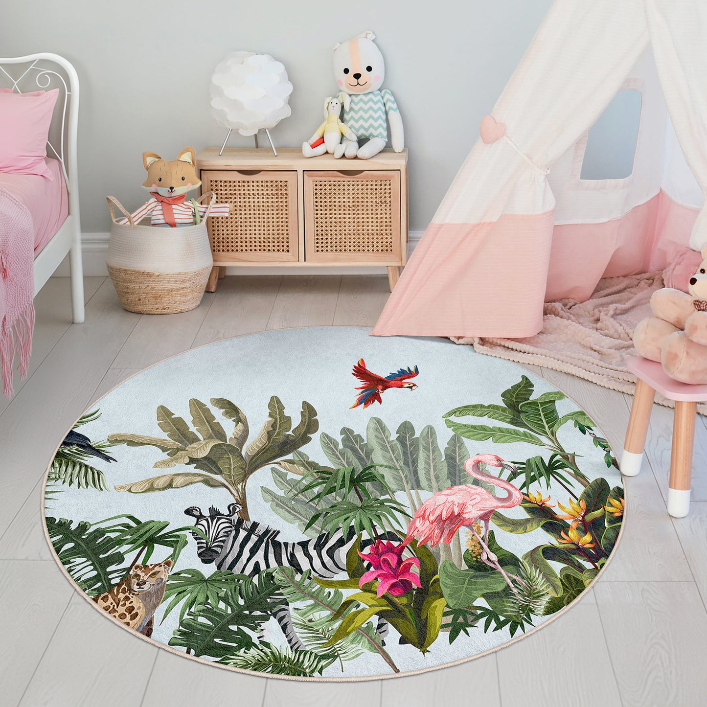 Zebra Jungle Forest with Trees and Birds Design Washable Anti-Slip Kids Round Rug Multifunction as Non Slip Play Mat - Perfect for Bedrooms, Playrooms & Nurseries - Durable, Safe, & Easy to Clean for Boys & Girls 327