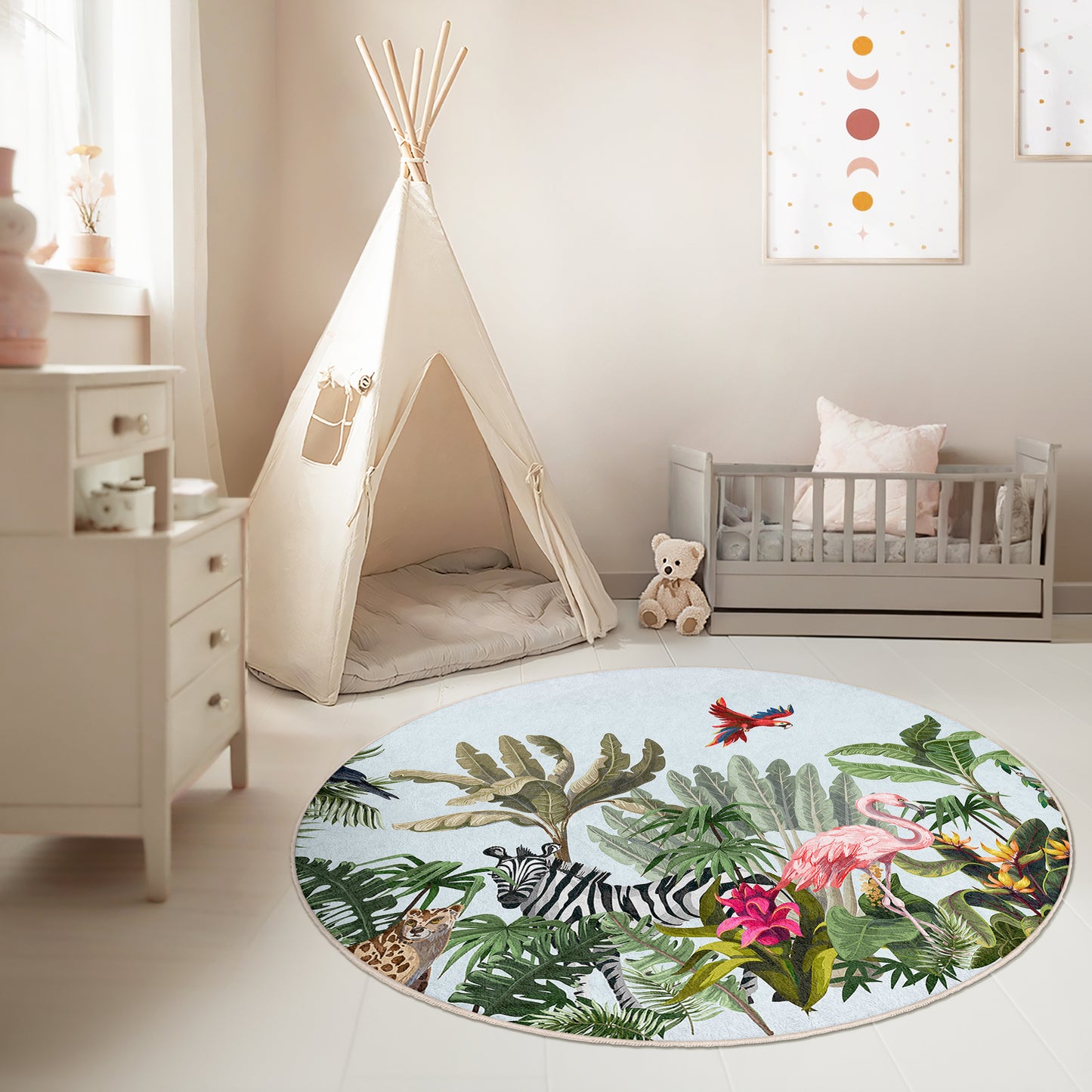 Zebra Jungle Forest with Trees and Birds Design Washable Anti-Slip Kids Round Rug Multifunction as Non Slip Play Mat - Perfect for Bedrooms, Playrooms & Nurseries - Durable, Safe, & Easy to Clean for Boys & Girls 327