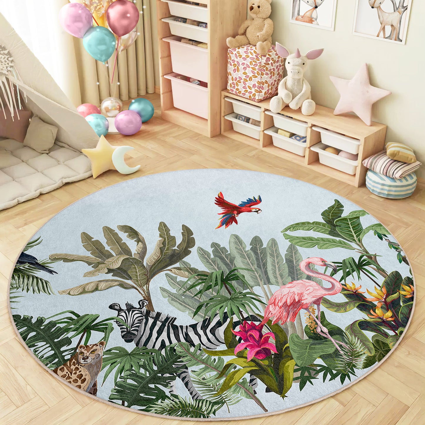 Zebra Jungle Forest with Trees and Birds Design Washable Anti-Slip Kids Round Rug Multifunction as Non Slip Play Mat - Perfect for Bedrooms, Playrooms & Nurseries - Durable, Safe, & Easy to Clean for Boys & Girls 327