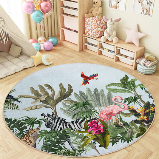 Zebra Jungle Forest with Trees and Birds Design Washable Anti-Slip Kids Round Rug Multifunction as Non Slip Play Mat - Perfect for Bedrooms, Playrooms & Nurseries - Durable, Safe, & Easy to Clean for Boys & Girls 327