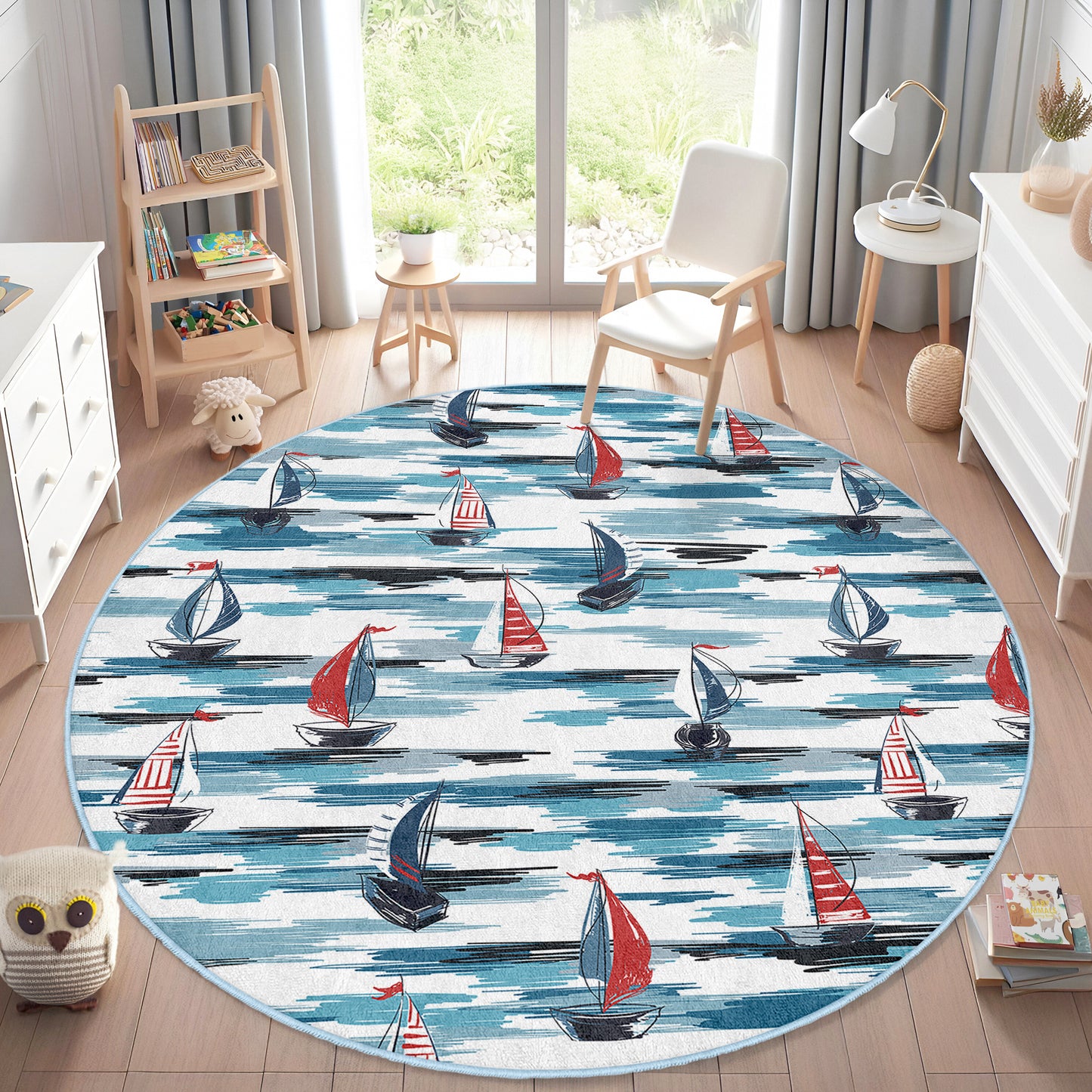 Navy Design with Sea Pattern Boy Room Design Washable Anti-Slip Kids Round Rug Multifunction as Non Slip Play Mat - Perfect for Bedrooms, Playrooms & Nurseries - Durable, Safe, & Easy to Clean for Boys & Girls Room  329