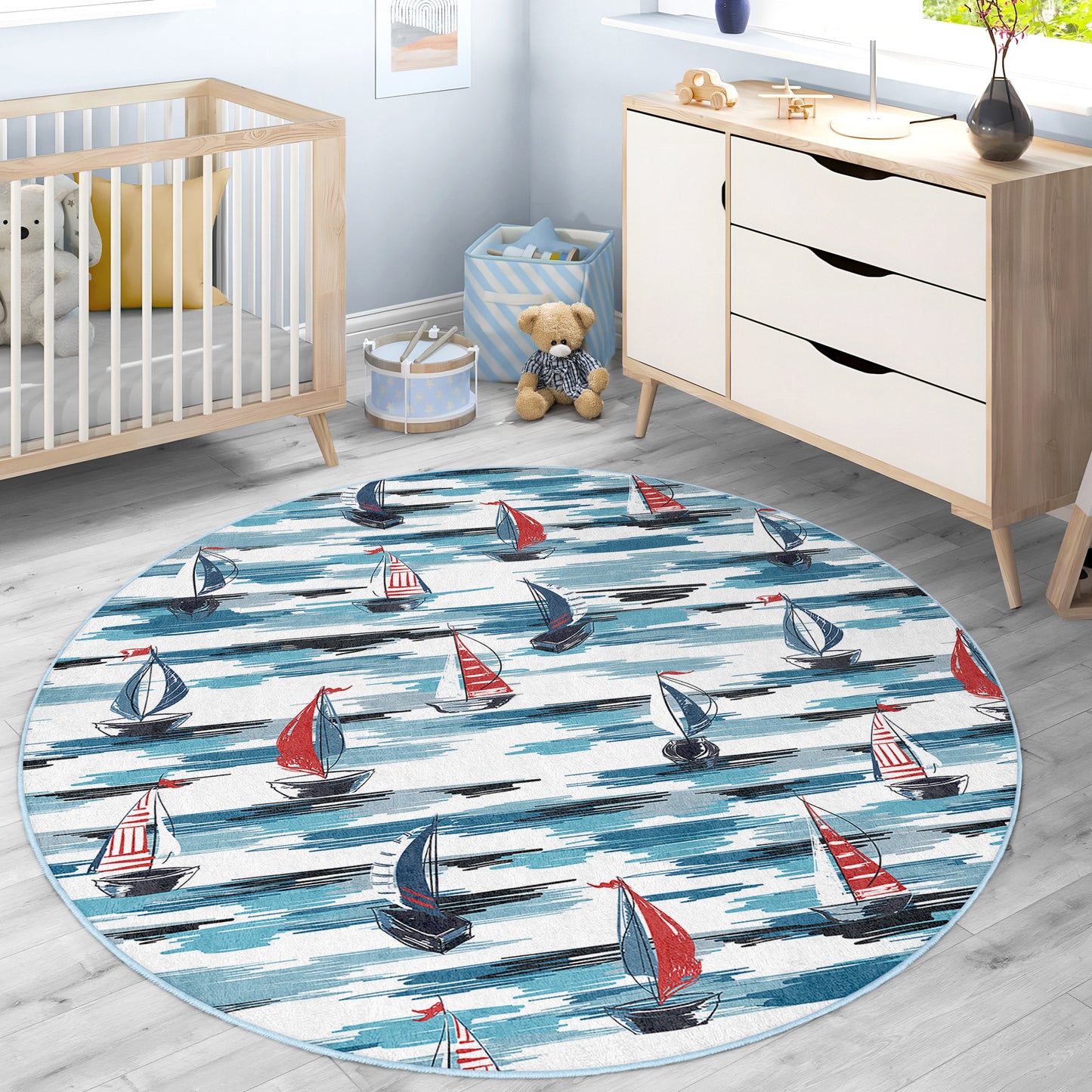 Navy Design with Sea Pattern Boy Room Design Washable Anti-Slip Kids Round Rug Multifunction as Non Slip Play Mat - Perfect for Bedrooms, Playrooms & Nurseries - Durable, Safe, & Easy to Clean for Boys & Girls Room  329