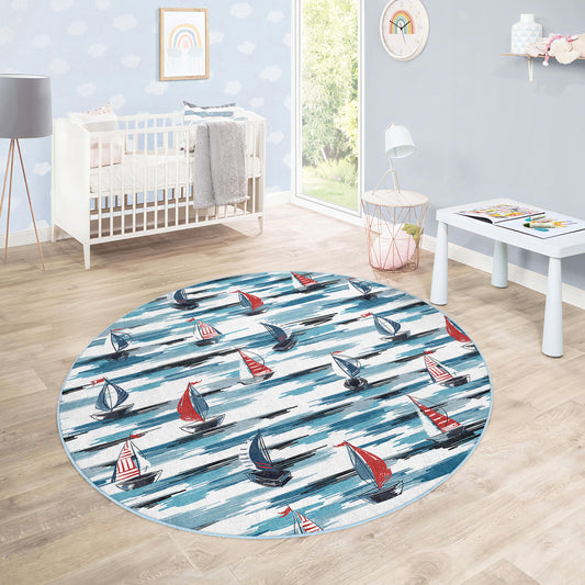 Navy Design with Sea Pattern Boy Room Design Washable Anti-Slip Kids Round Rug Multifunction as Non Slip Play Mat - Perfect for Bedrooms, Playrooms & Nurseries - Durable, Safe, & Easy to Clean for Boys & Girls Room  329