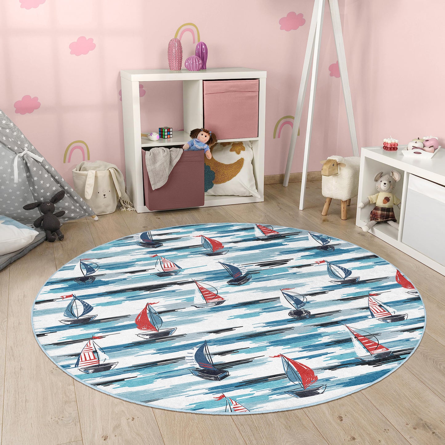 Navy Design with Sea Pattern Boy Room Design Washable Anti-Slip Kids Round Rug Multifunction as Non Slip Play Mat - Perfect for Bedrooms, Playrooms & Nurseries - Durable, Safe, & Easy to Clean for Boys & Girls Room  329