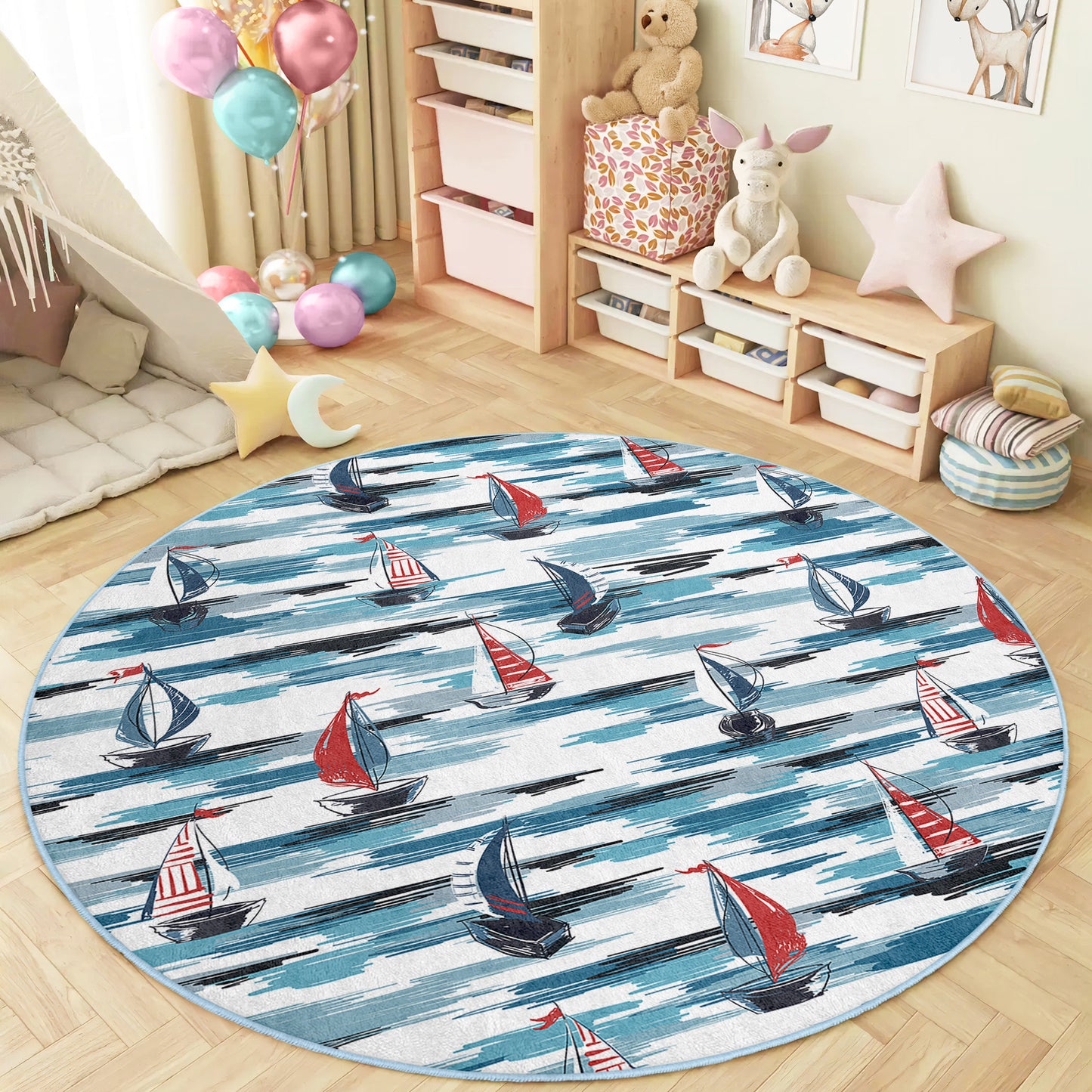 Navy Design with Sea Pattern Boy Room Design Washable Anti-Slip Kids Round Rug Multifunction as Non Slip Play Mat - Perfect for Bedrooms, Playrooms & Nurseries - Durable, Safe, & Easy to Clean for Boys & Girls Room  329
