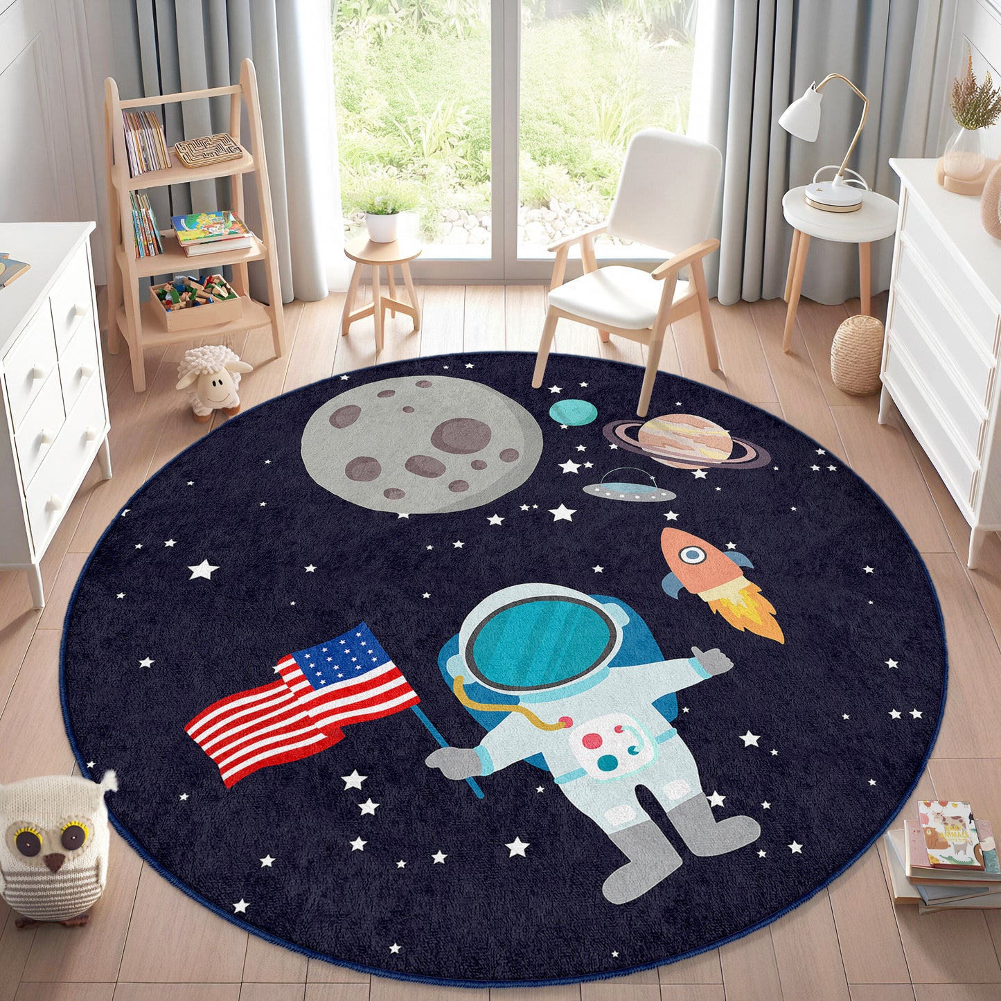 American Flag Journey to Milkway Astronaut Design Washable Anti-Slip Kids Round Rug Multifunction as Non Slip Play Mat - Perfect for Bedrooms, Playrooms & Nurseries - Durable, Safe, & Easy to Clean for Boys & Girls Room  330