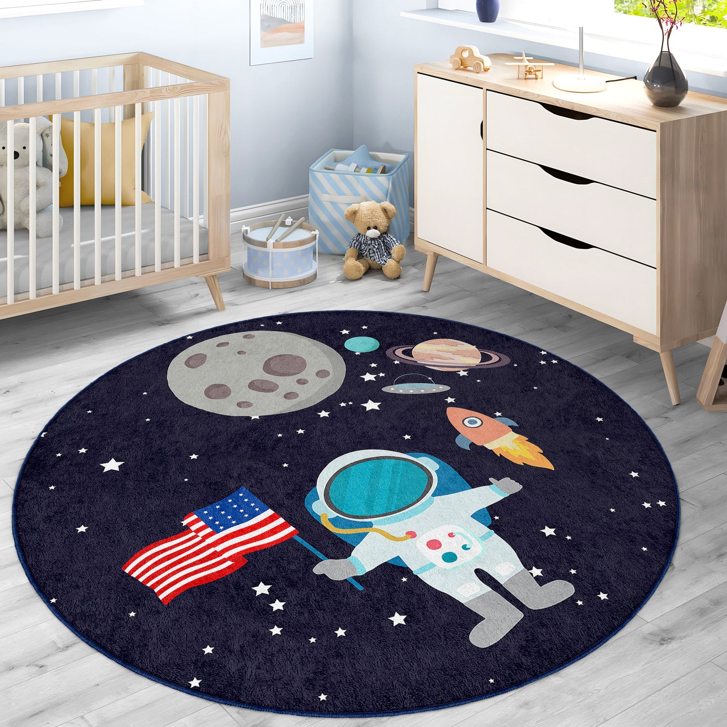 American Flag Journey to Milkway Astronaut Design Washable Anti-Slip Kids Round Rug Multifunction as Non Slip Play Mat - Perfect for Bedrooms, Playrooms & Nurseries - Durable, Safe, & Easy to Clean for Boys & Girls Room  330