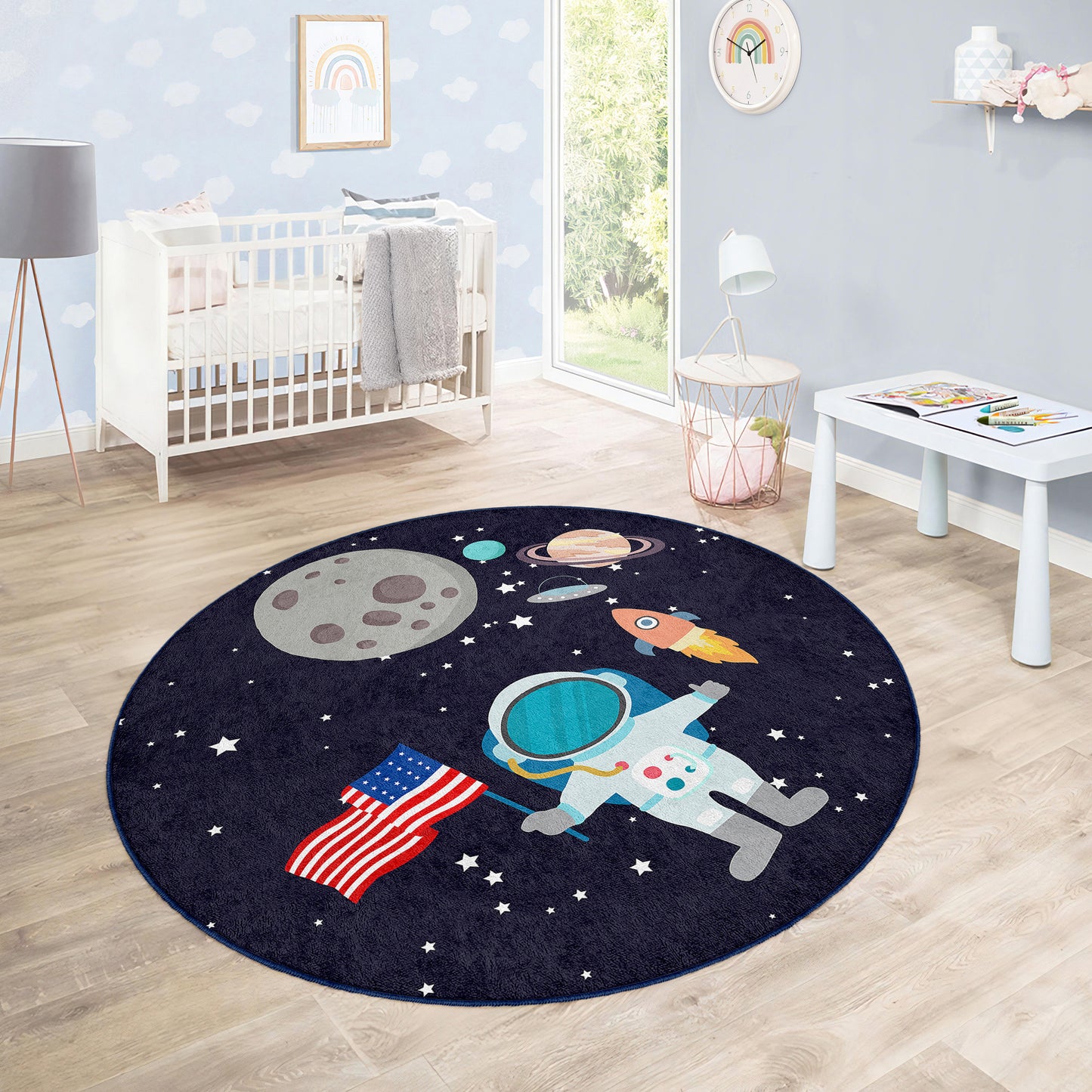 American Flag Journey to Milkway Astronaut Design Washable Anti-Slip Kids Round Rug Multifunction as Non Slip Play Mat - Perfect for Bedrooms, Playrooms & Nurseries - Durable, Safe, & Easy to Clean for Boys & Girls Room  330