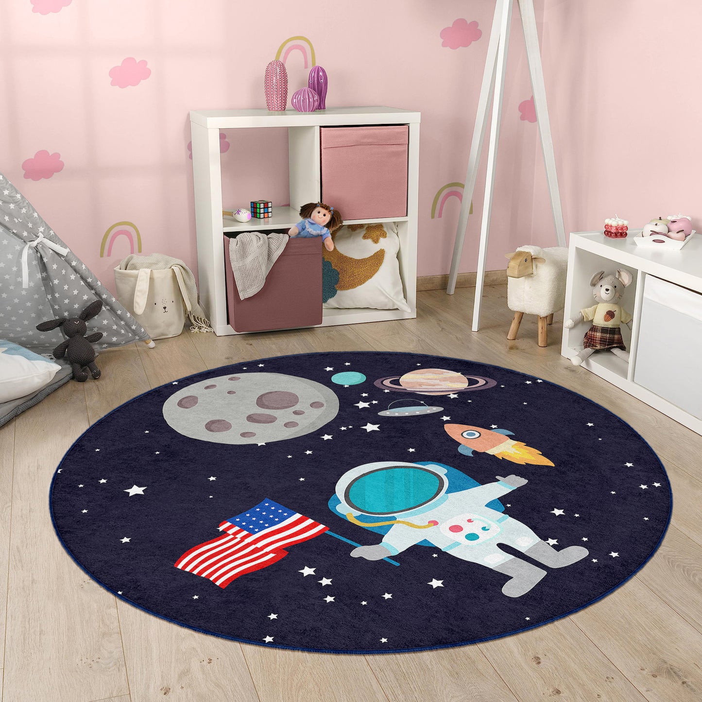 American Flag Journey to Milkway Astronaut Design Washable Anti-Slip Kids Round Rug Multifunction as Non Slip Play Mat - Perfect for Bedrooms, Playrooms & Nurseries - Durable, Safe, & Easy to Clean for Boys & Girls Room  330