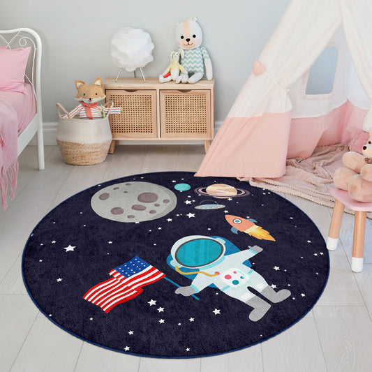 American Flag Journey to Milkway Astronaut Design Washable Anti-Slip Kids Round Rug Multifunction as Non Slip Play Mat - Perfect for Bedrooms, Playrooms & Nurseries - Durable, Safe, & Easy to Clean for Boys & Girls Room  330