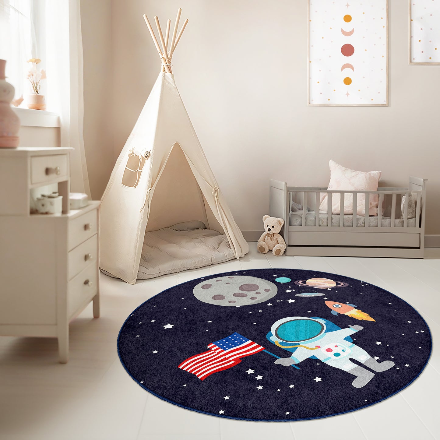 American Flag Journey to Milkway Astronaut Design Washable Anti-Slip Kids Round Rug Multifunction as Non Slip Play Mat - Perfect for Bedrooms, Playrooms & Nurseries - Durable, Safe, & Easy to Clean for Boys & Girls Room  330