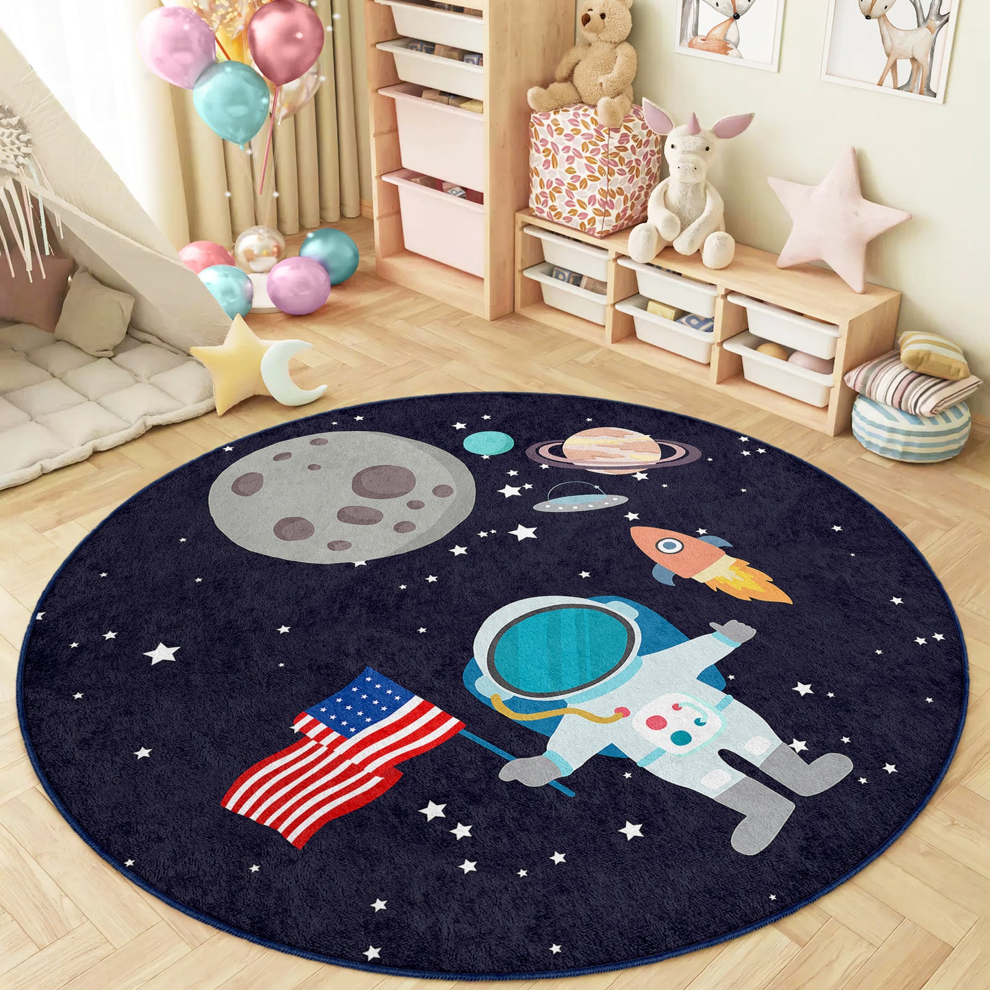 American Flag Journey to Milkway Astronaut Design Washable Anti-Slip Kids Round Rug Multifunction as Non Slip Play Mat - Perfect for Bedrooms, Playrooms & Nurseries - Durable, Safe, & Easy to Clean for Boys & Girls Room  330
