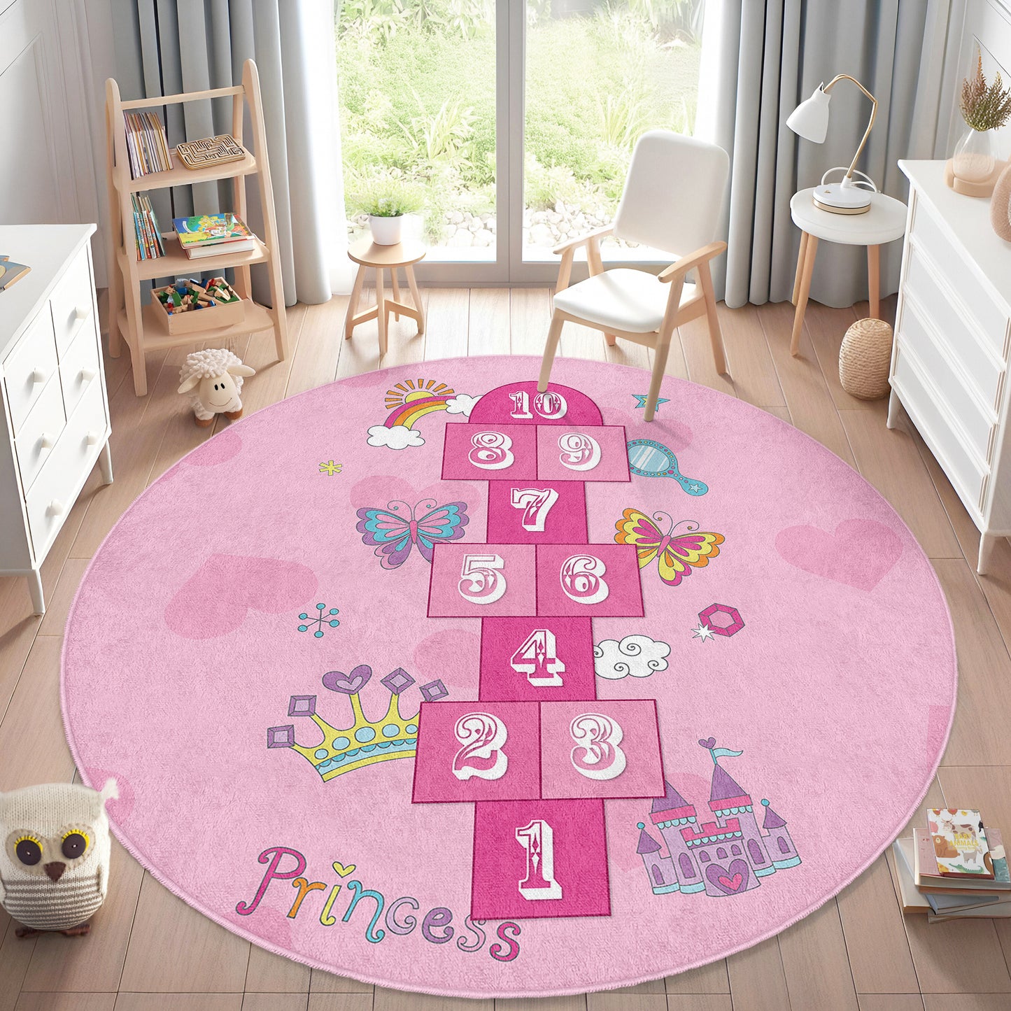 Hopscotch play rug, non-slip kids rug, washable children's rug, and kids' room floor mat make it easy to find. Available in various sizes and colors to fit any space Design Washable Anti-Slip Kids Round Rug Multifunction as Non Slip Play Mat - 331