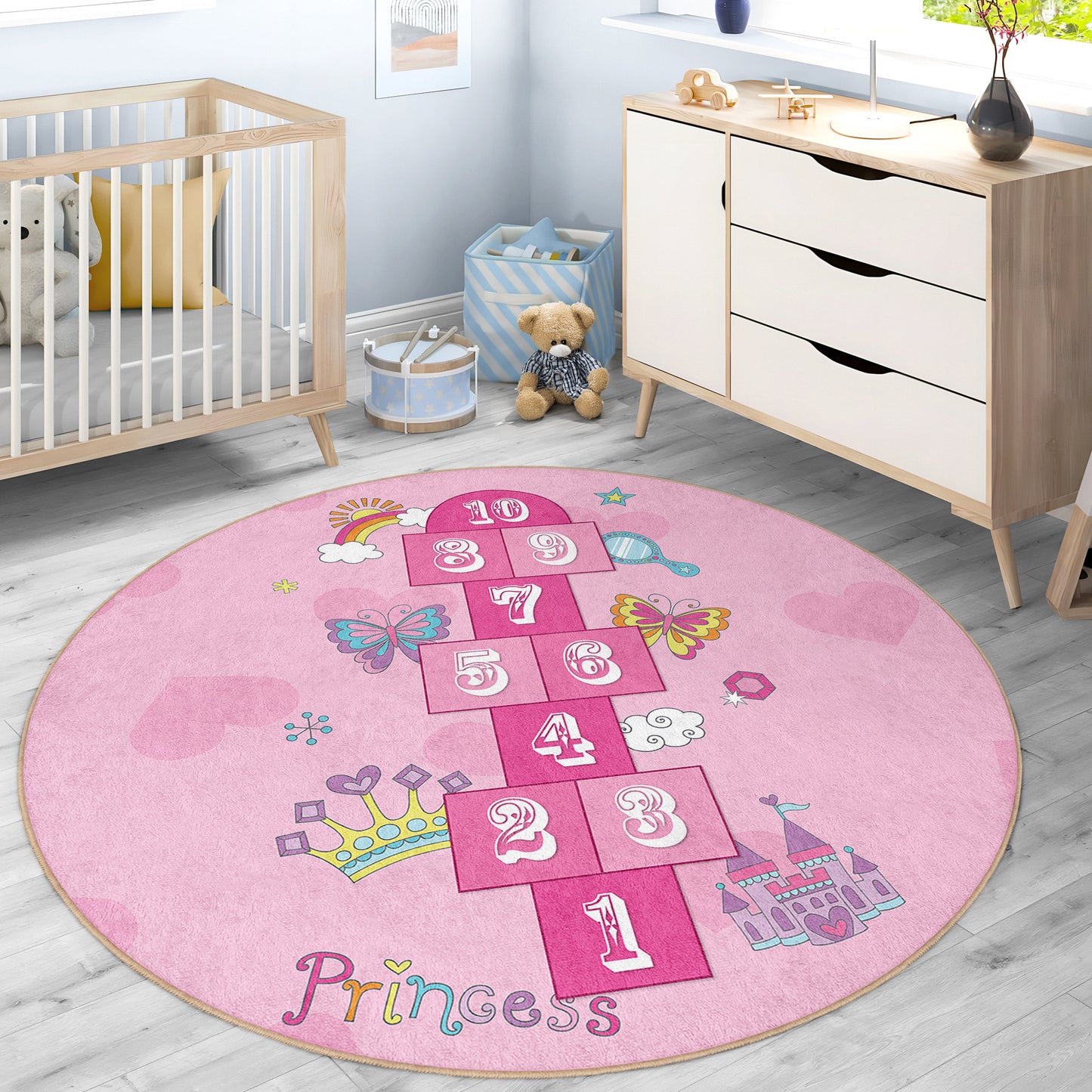 Hopscotch play rug, non-slip kids rug, washable children's rug, and kids' room floor mat make it easy to find. Available in various sizes and colors to fit any space Design Washable Anti-Slip Kids Round Rug Multifunction as Non Slip Play Mat - 331