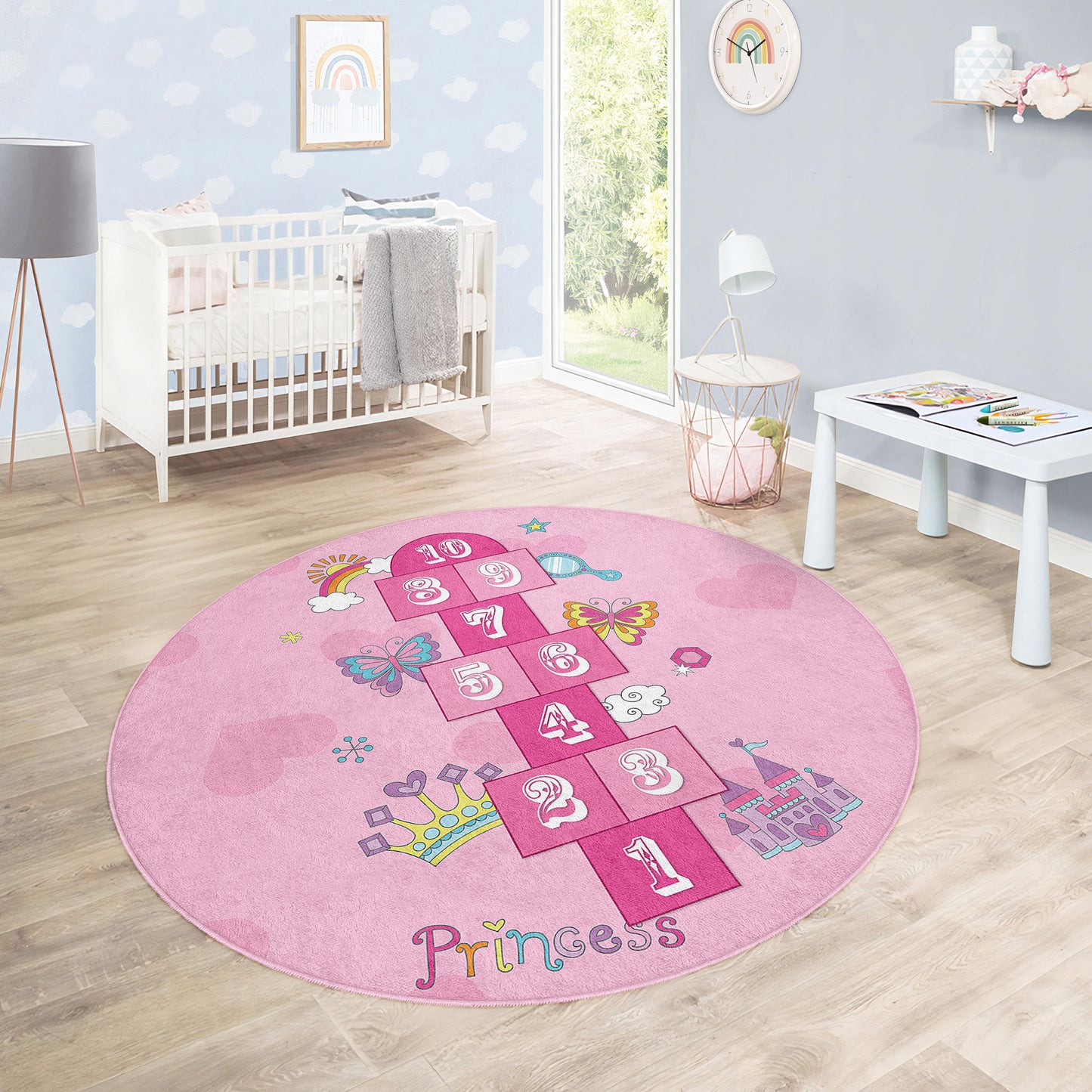 Hopscotch play rug, non-slip kids rug, washable children's rug, and kids' room floor mat make it easy to find. Available in various sizes and colors to fit any space Design Washable Anti-Slip Kids Round Rug Multifunction as Non Slip Play Mat - 331