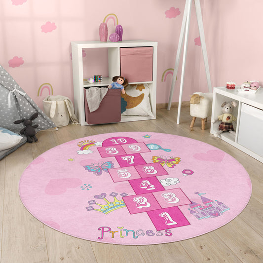 Hopscotch play rug, non-slip kids rug, washable children's rug, and kids' room floor mat make it easy to find. Available in various sizes and colors to fit any space Design Washable Anti-Slip Kids Round Rug Multifunction as Non Slip Play Mat - 331