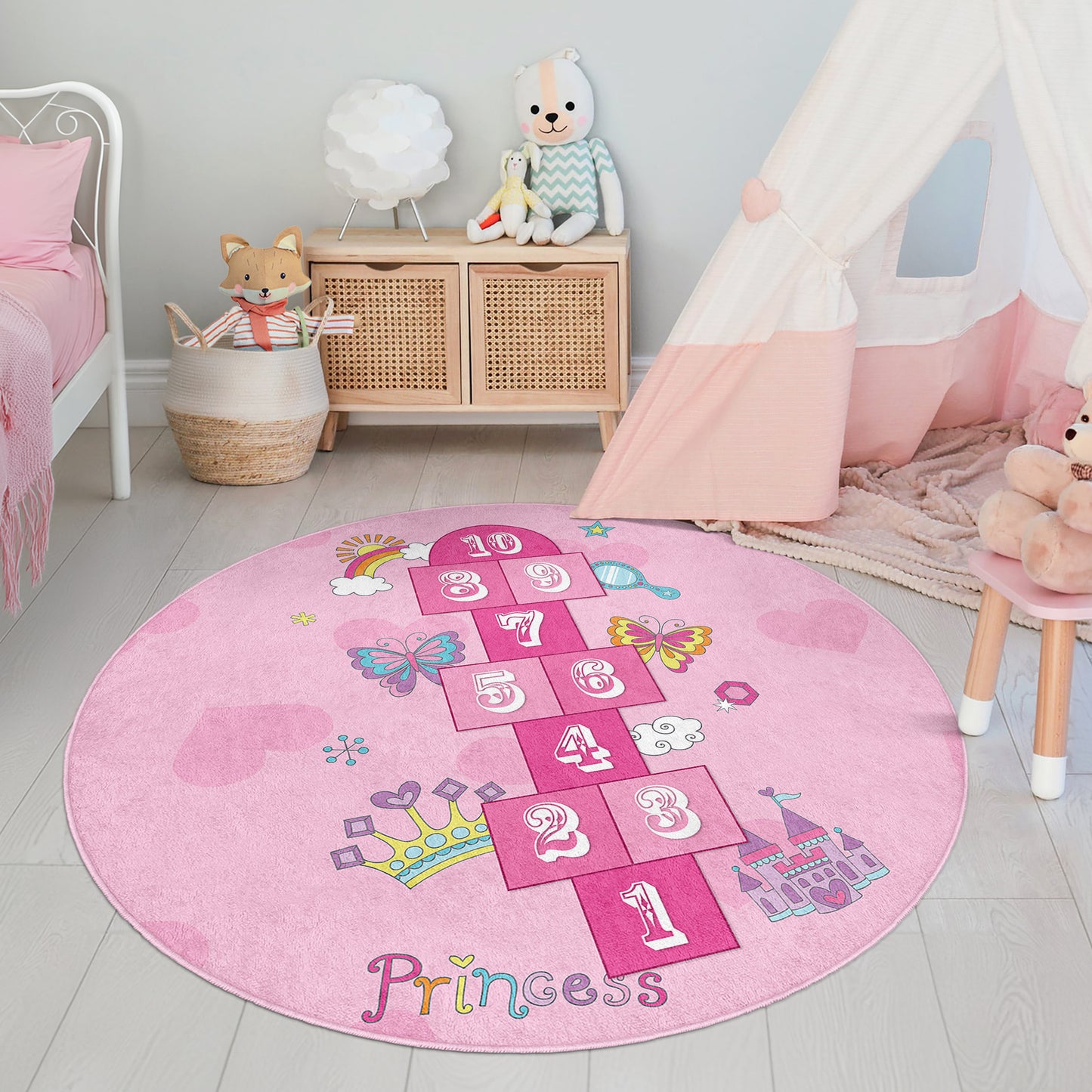 Hopscotch play rug, non-slip kids rug, washable children's rug, and kids' room floor mat make it easy to find. Available in various sizes and colors to fit any space Design Washable Anti-Slip Kids Round Rug Multifunction as Non Slip Play Mat - 331