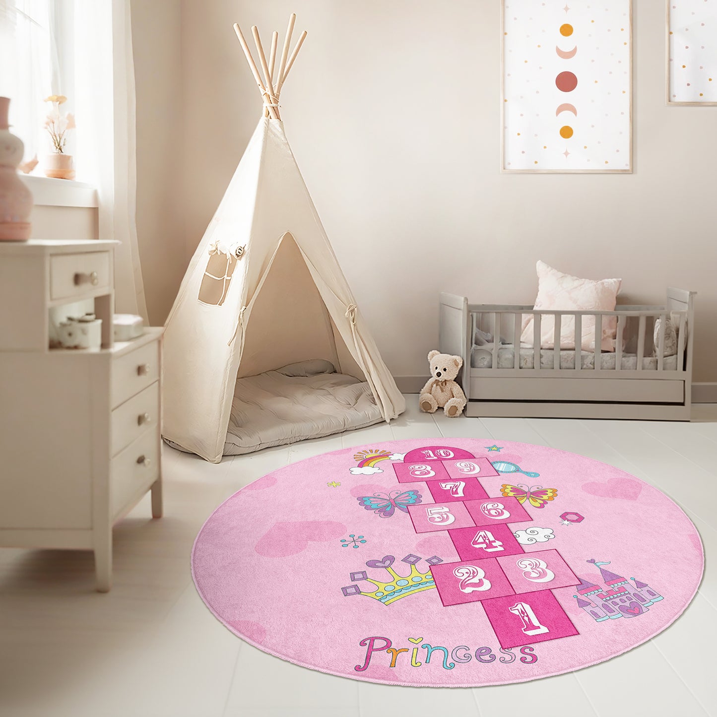 Hopscotch play rug, non-slip kids rug, washable children's rug, and kids' room floor mat make it easy to find. Available in various sizes and colors to fit any space Design Washable Anti-Slip Kids Round Rug Multifunction as Non Slip Play Mat - 331