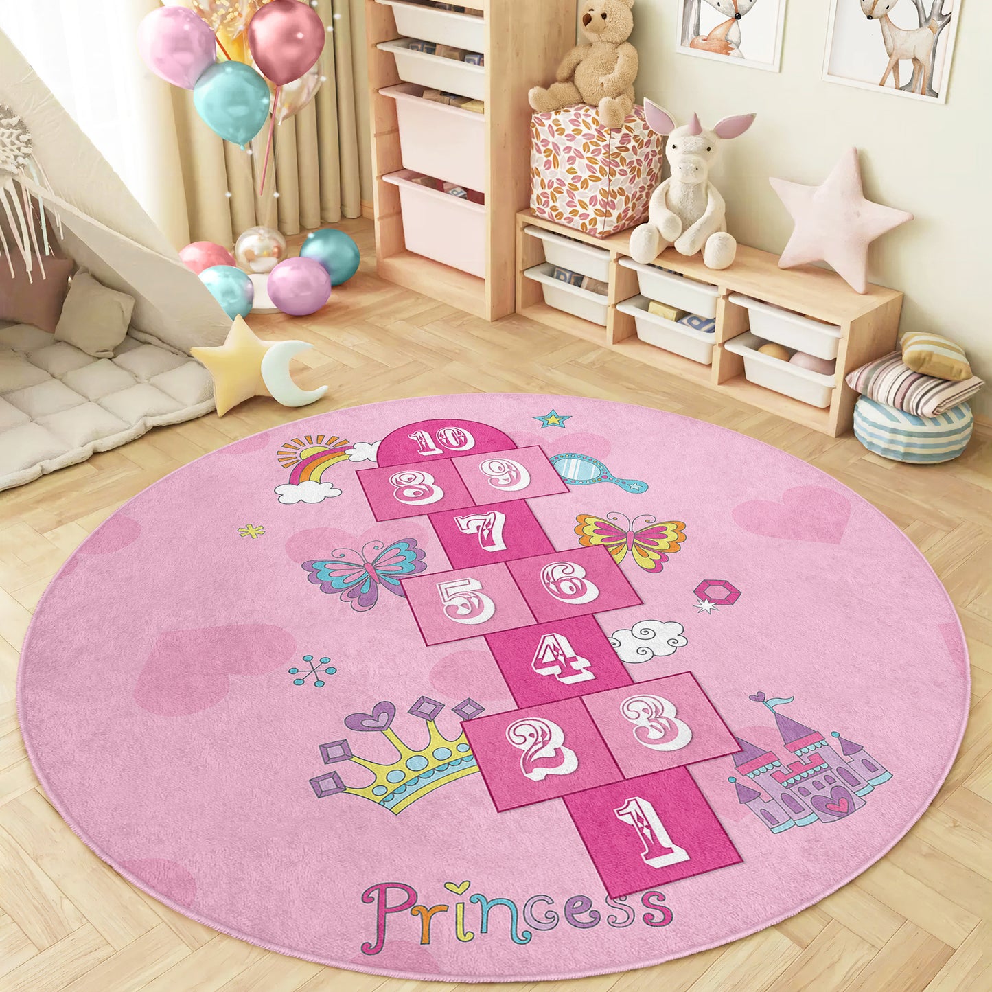 Hopscotch play rug, non-slip kids rug, washable children's rug, and kids' room floor mat make it easy to find. Available in various sizes and colors to fit any space Design Washable Anti-Slip Kids Round Rug Multifunction as Non Slip Play Mat - 331