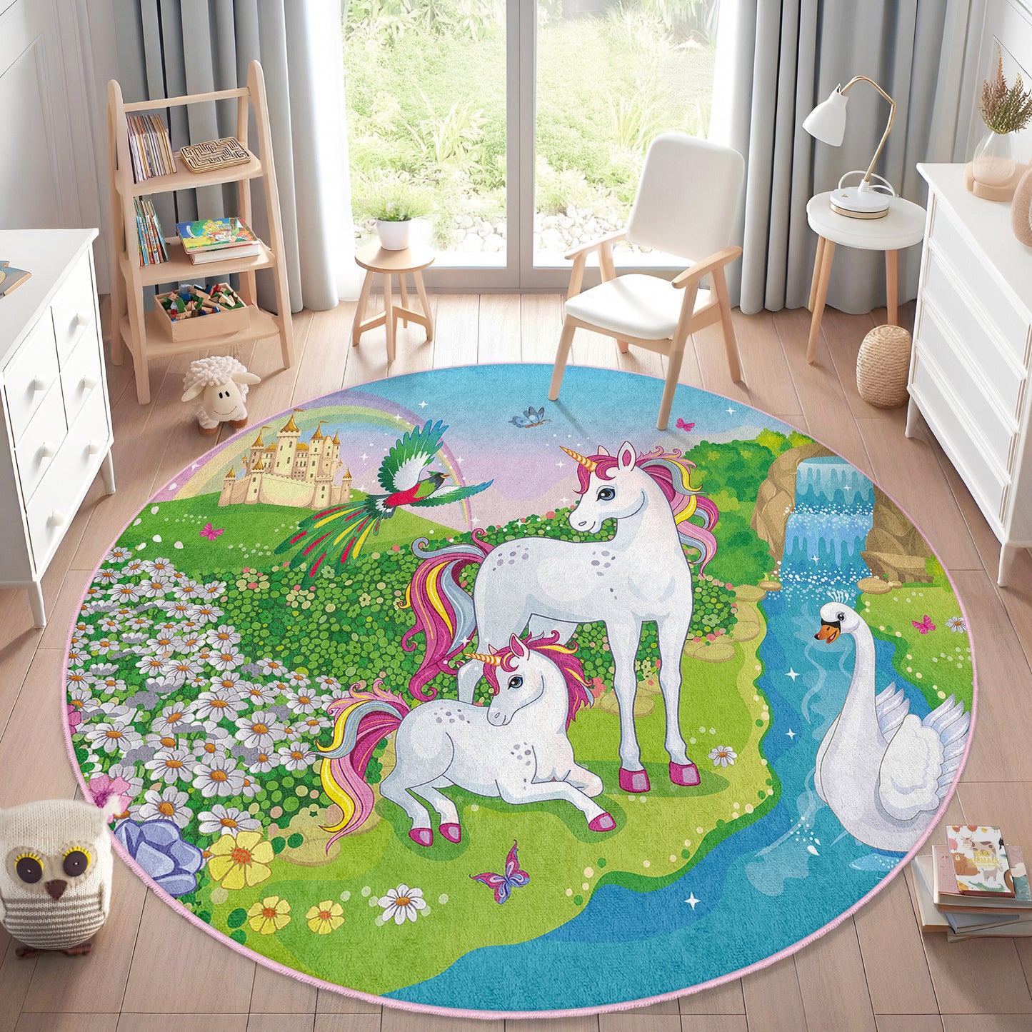 Two Horses Like Ponny and with a Swan in Beatiful Nature Design Washable Anti-Slip Kids Round Rug Multifunction as Non Slip Play Mat - Perfect for Bedrooms, Playrooms & Nurseries - Durable, Safe, & Easy to Clean for Boys & Girls Room 333