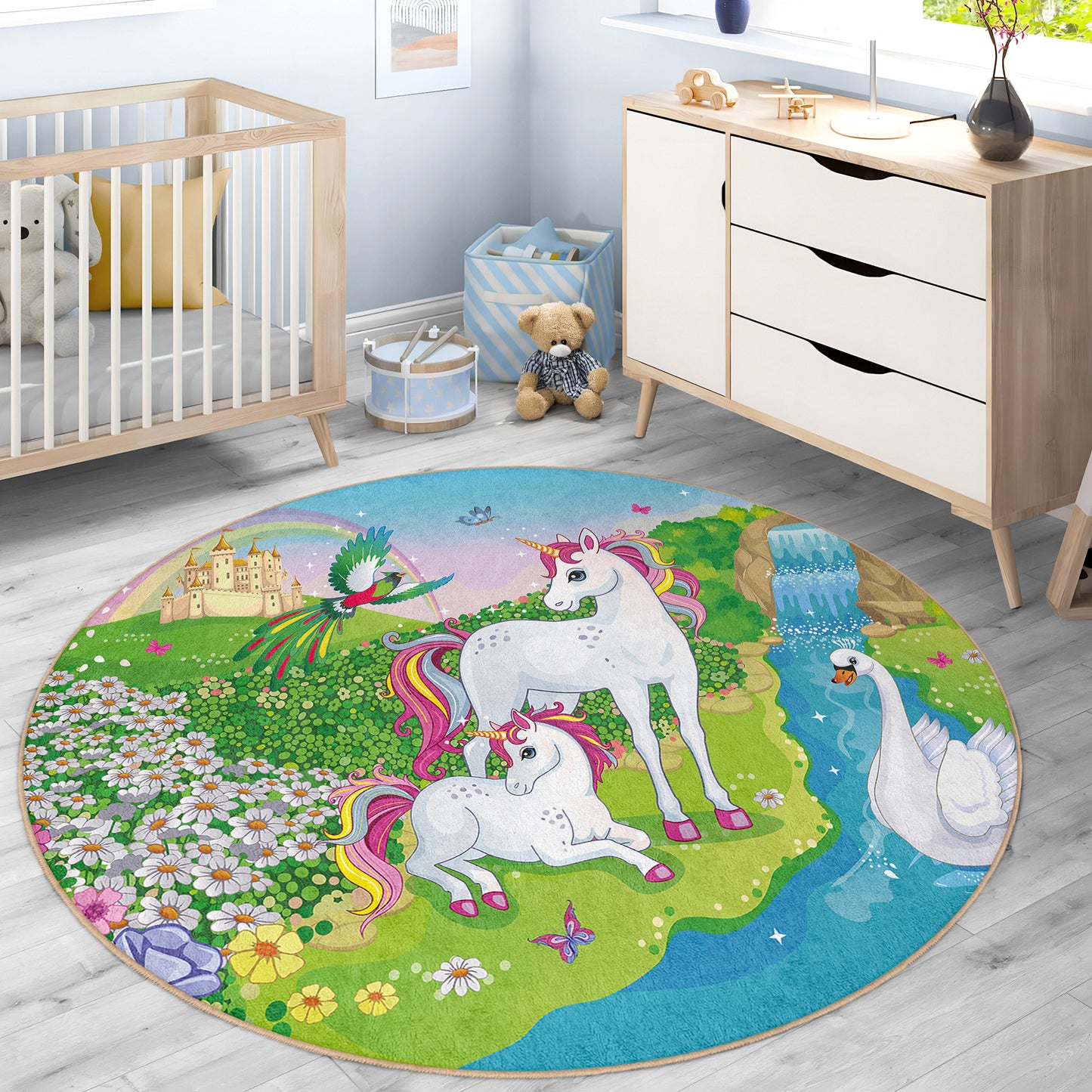 Two Horses Like Ponny and with a Swan in Beatiful Nature Design Washable Anti-Slip Kids Round Rug Multifunction as Non Slip Play Mat - Perfect for Bedrooms, Playrooms & Nurseries - Durable, Safe, & Easy to Clean for Boys & Girls Room 333