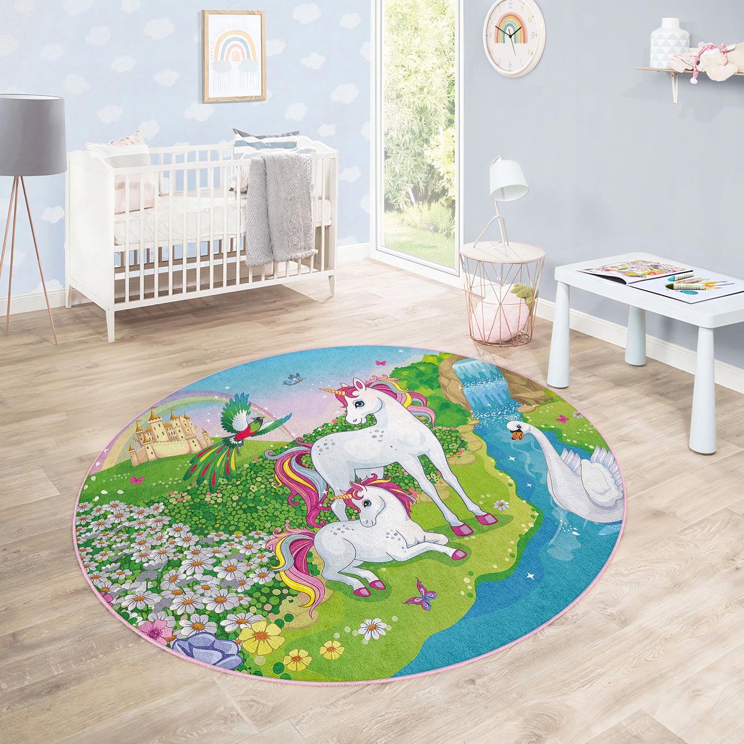 Two Horses Like Ponny and with a Swan in Beatiful Nature Design Washable Anti-Slip Kids Round Rug Multifunction as Non Slip Play Mat - Perfect for Bedrooms, Playrooms & Nurseries - Durable, Safe, & Easy to Clean for Boys & Girls Room 333