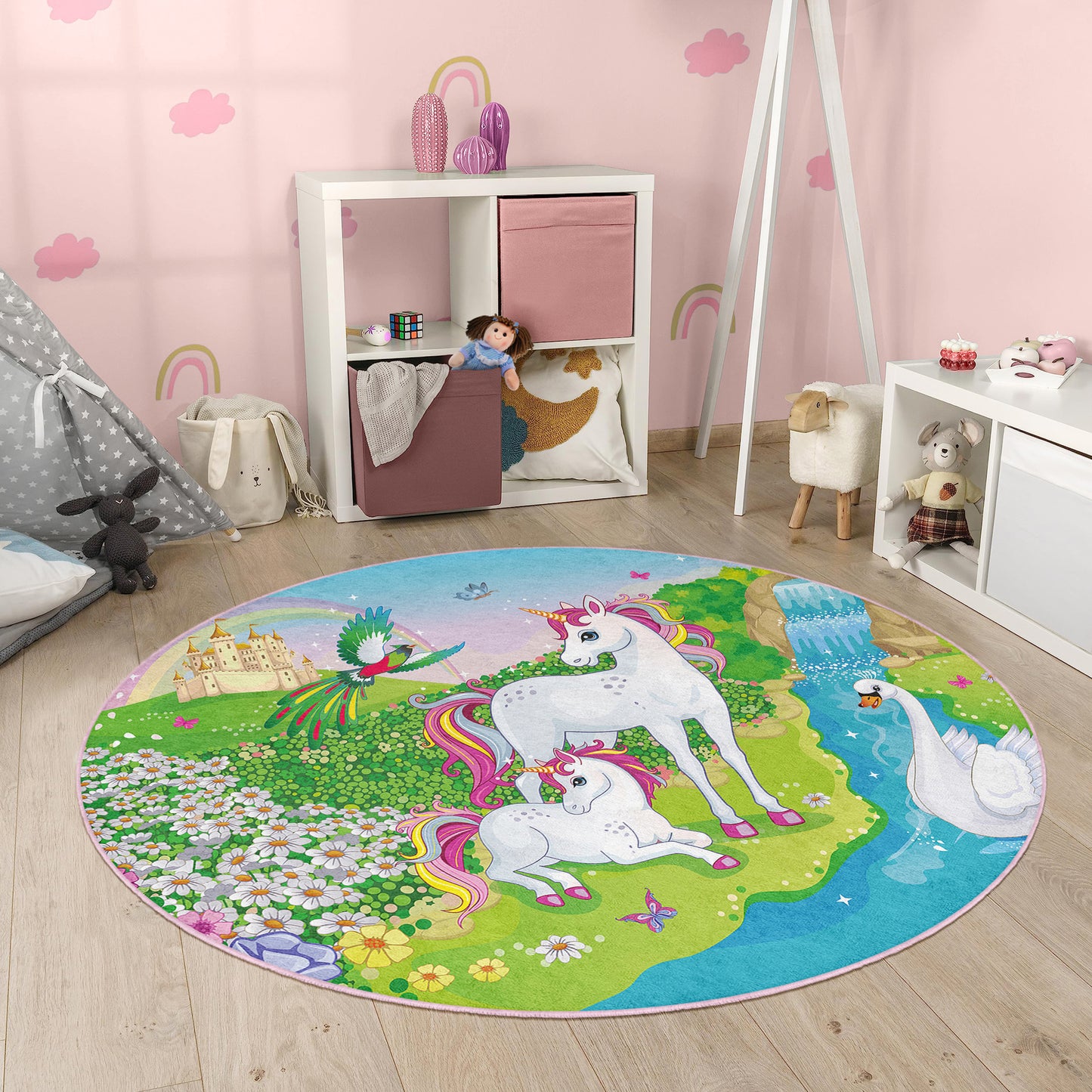 Two Horses Like Ponny and with a Swan in Beatiful Nature Design Washable Anti-Slip Kids Round Rug Multifunction as Non Slip Play Mat - Perfect for Bedrooms, Playrooms & Nurseries - Durable, Safe, & Easy to Clean for Boys & Girls Room 333